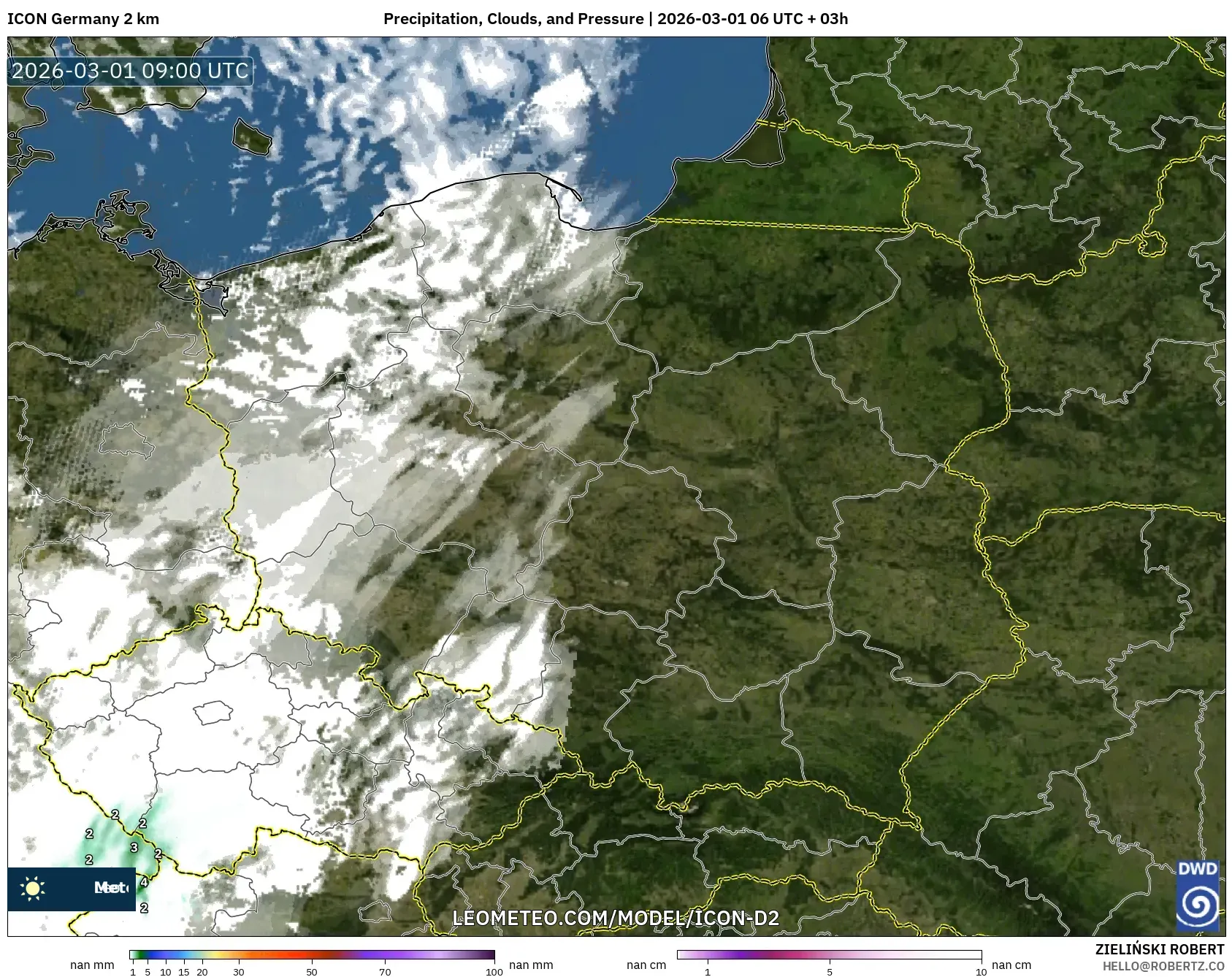 ICON Germany 2 km model - Poland, Precipitation, Clouds, and Pressure