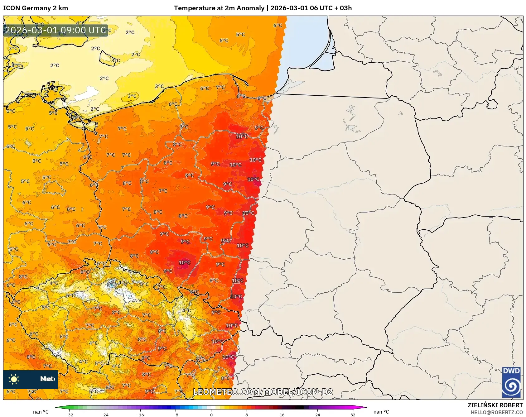 ICON Germany 2 km model - Poland, Temperature at 2m Anomaly