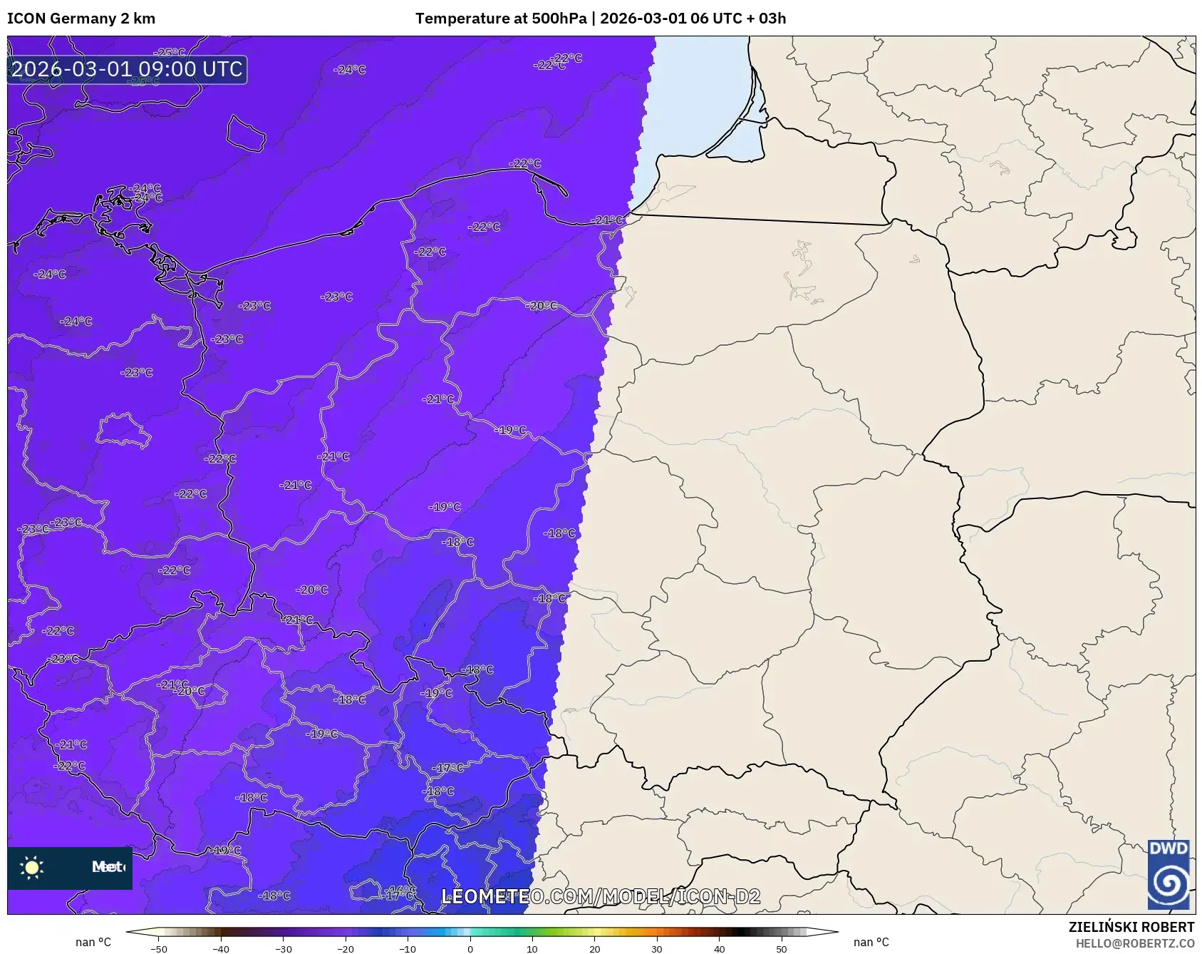 ICON Germany 2 km model - Poland, Temperature at 500hPa
