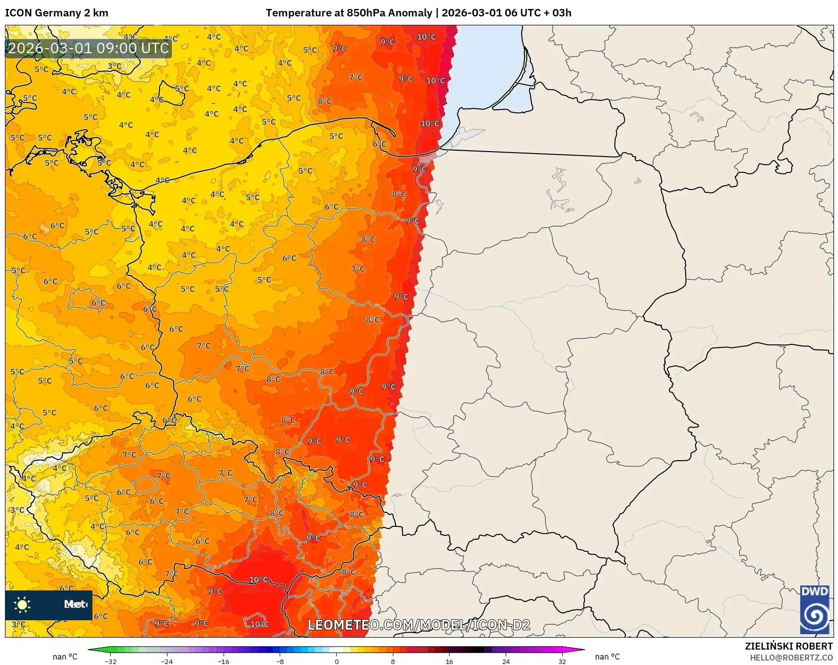 ICON Germany 2 km model - Poland, Temperature at 850hPa Anomaly