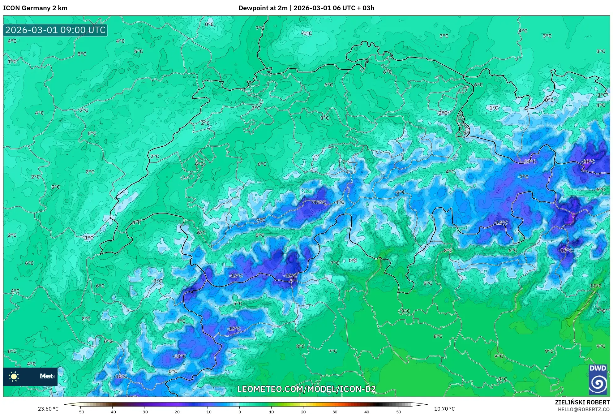 ICON Germany 2 km model - Switzerland, Dewpoint at 2m