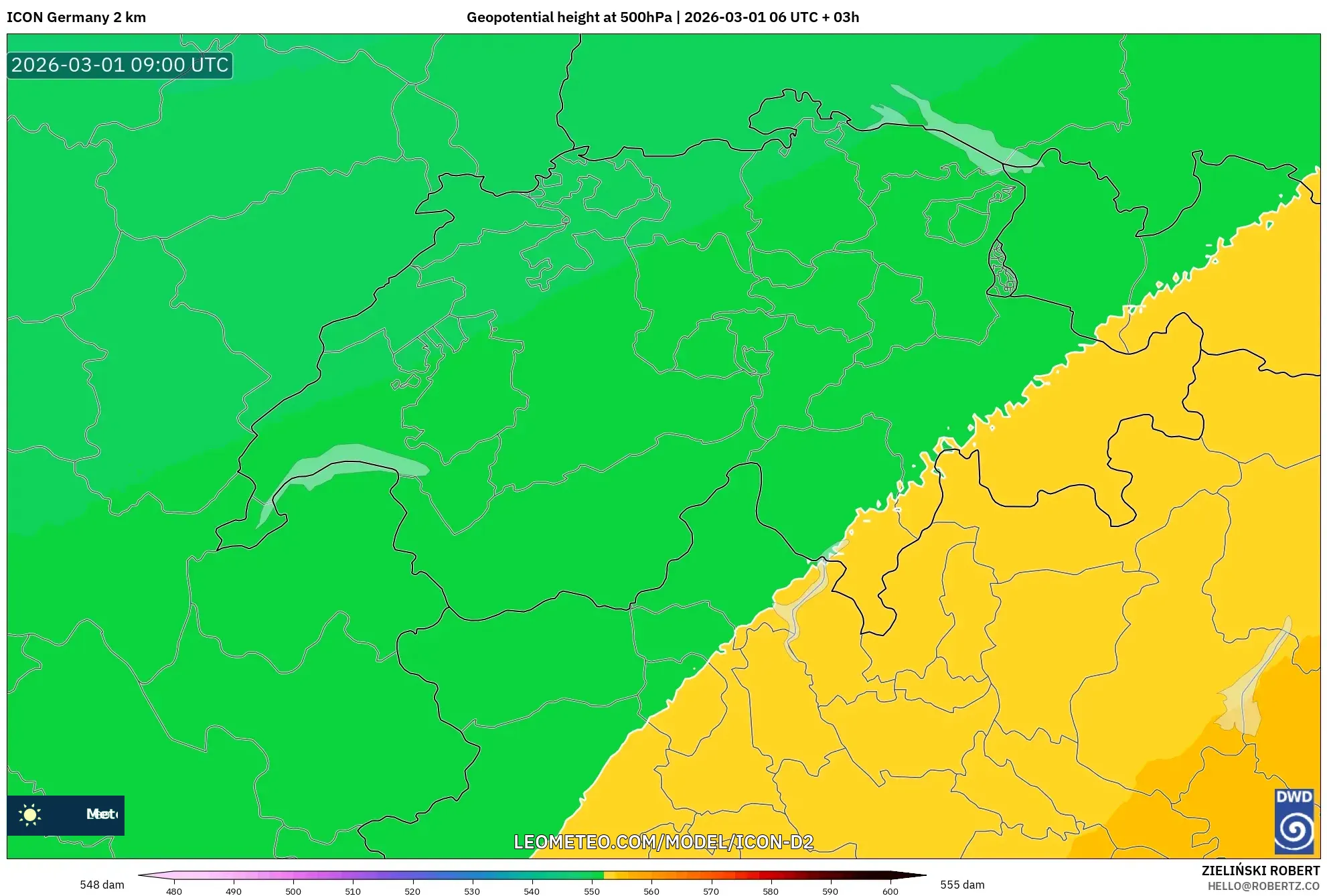ICON Germany 2 km model - Switzerland, Geopotential height at 500hPa