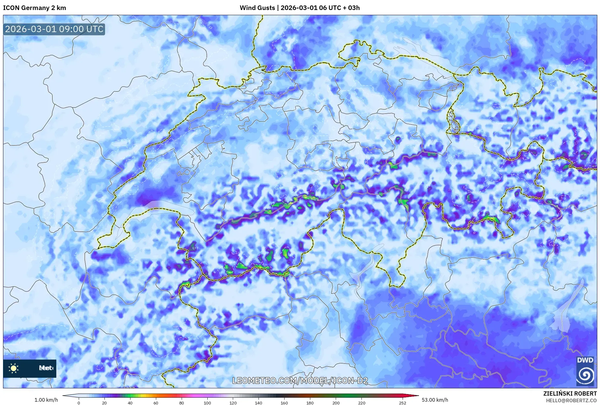 ICON Germany 2 km model - Switzerland, Wind Gusts