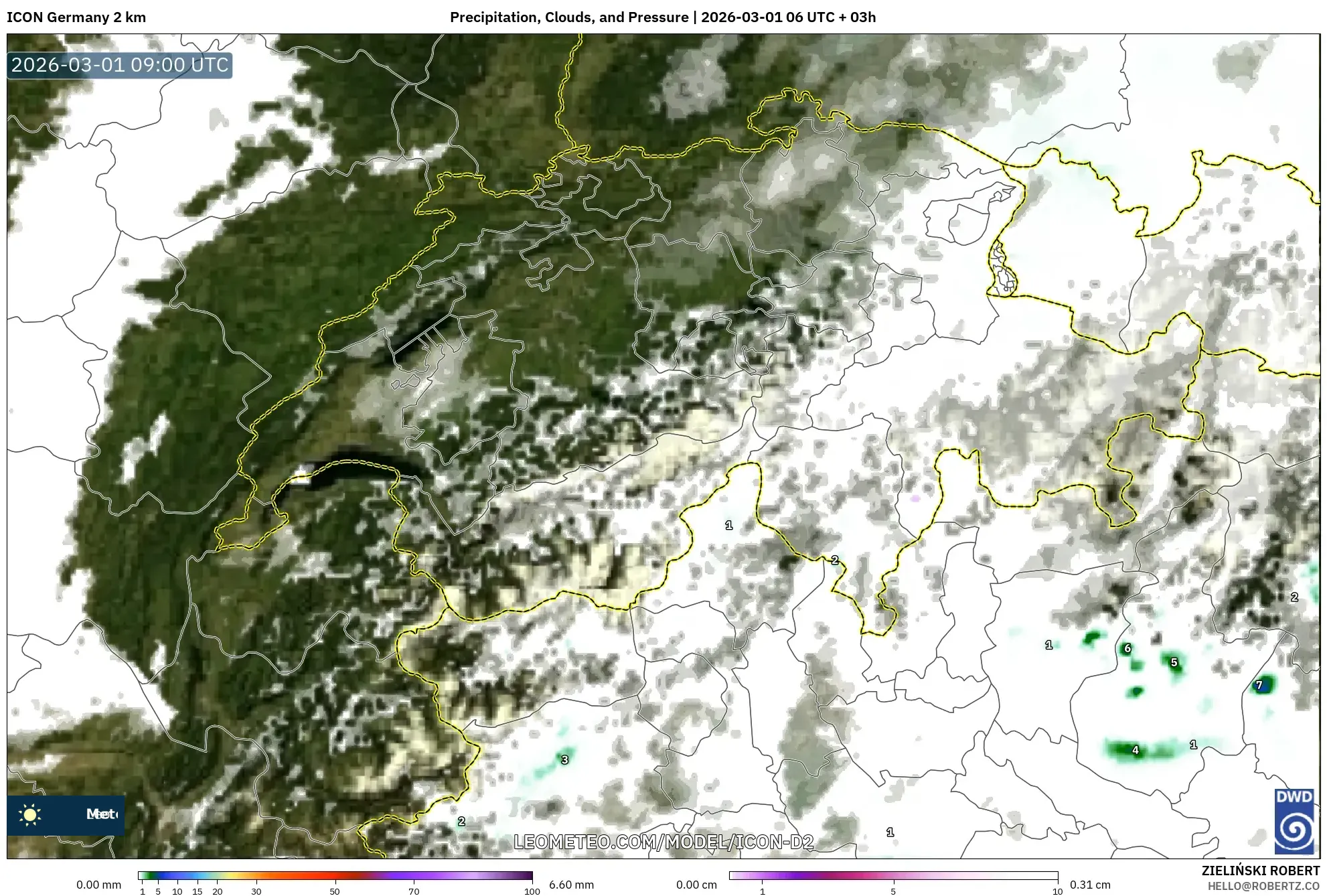ICON Germany 2 km model - Switzerland, Precipitation, Clouds, and Pressure