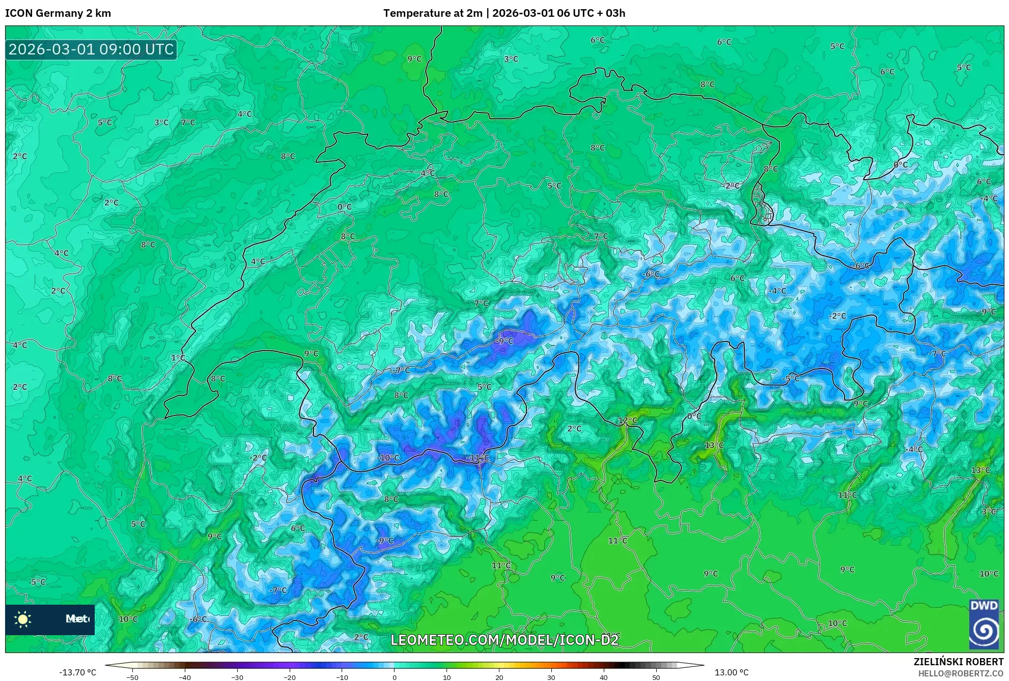 ICON Germany 2 km model - Switzerland, Temperature at 2m