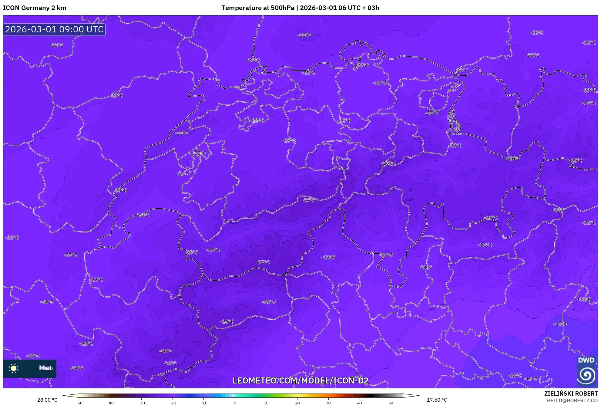 ICON Germany 2 km model - Switzerland, Temperature at 500hPa