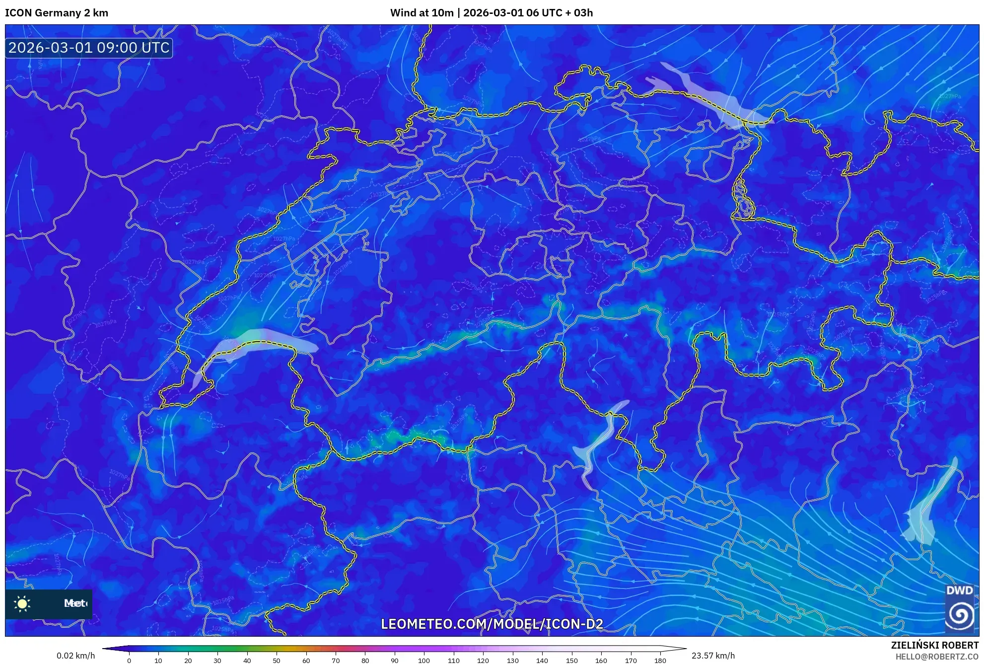ICON Germany 2 km model - Switzerland, Wind at 10m