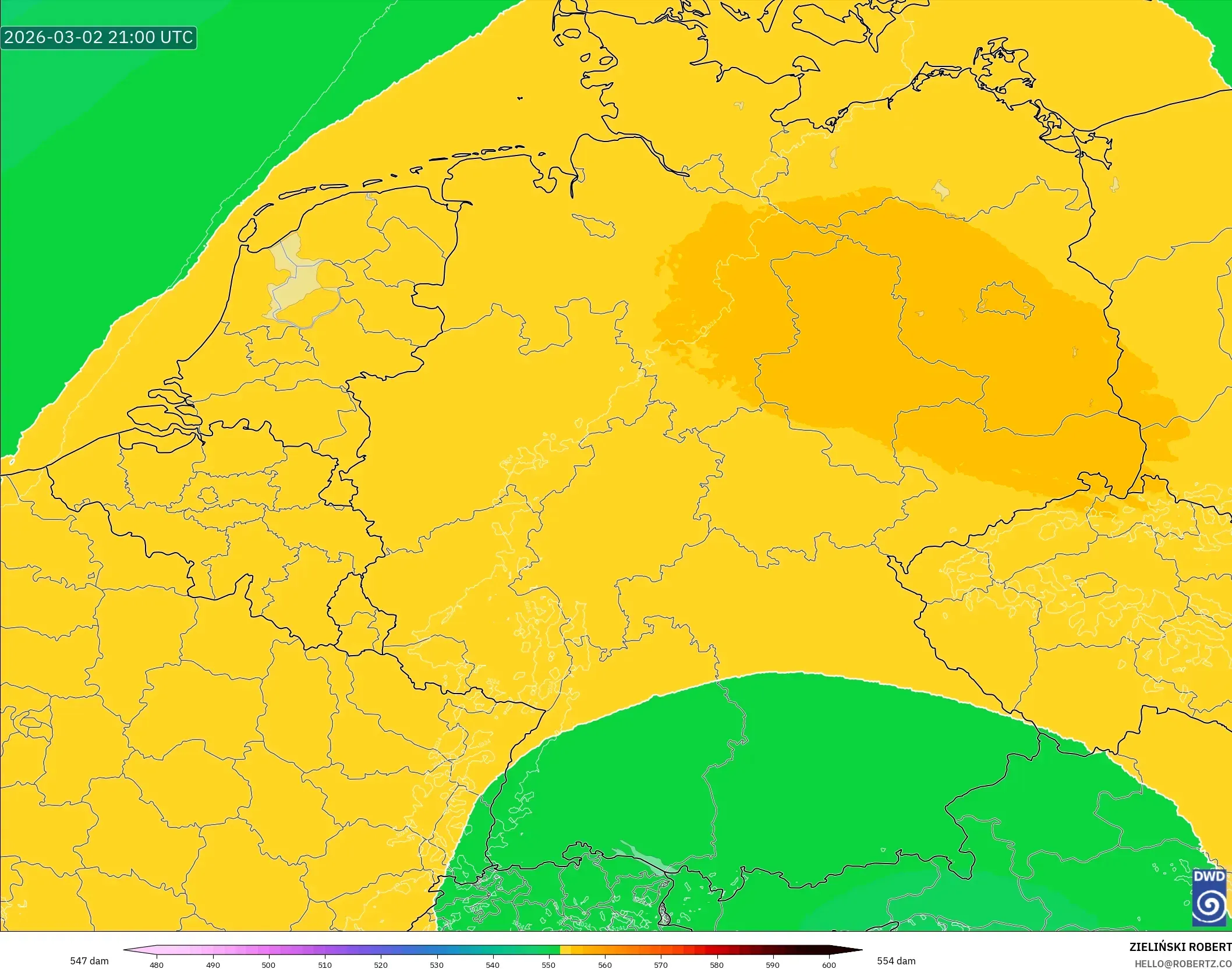 ICON Germany 2 km model - Germany, Geopotential height at 500hPa