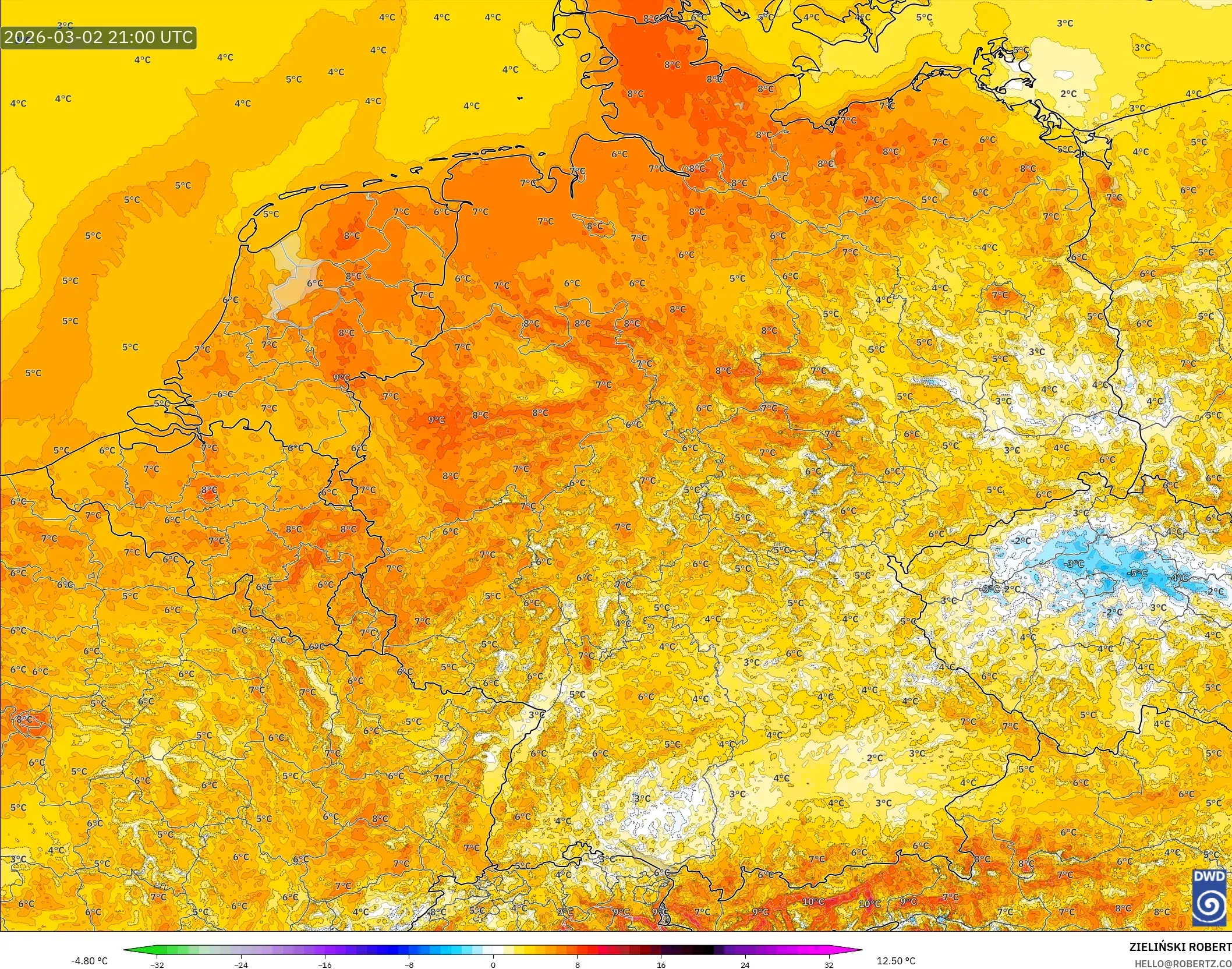ICON Germany 2 km model - Germany, Temperature at 2m Anomaly
