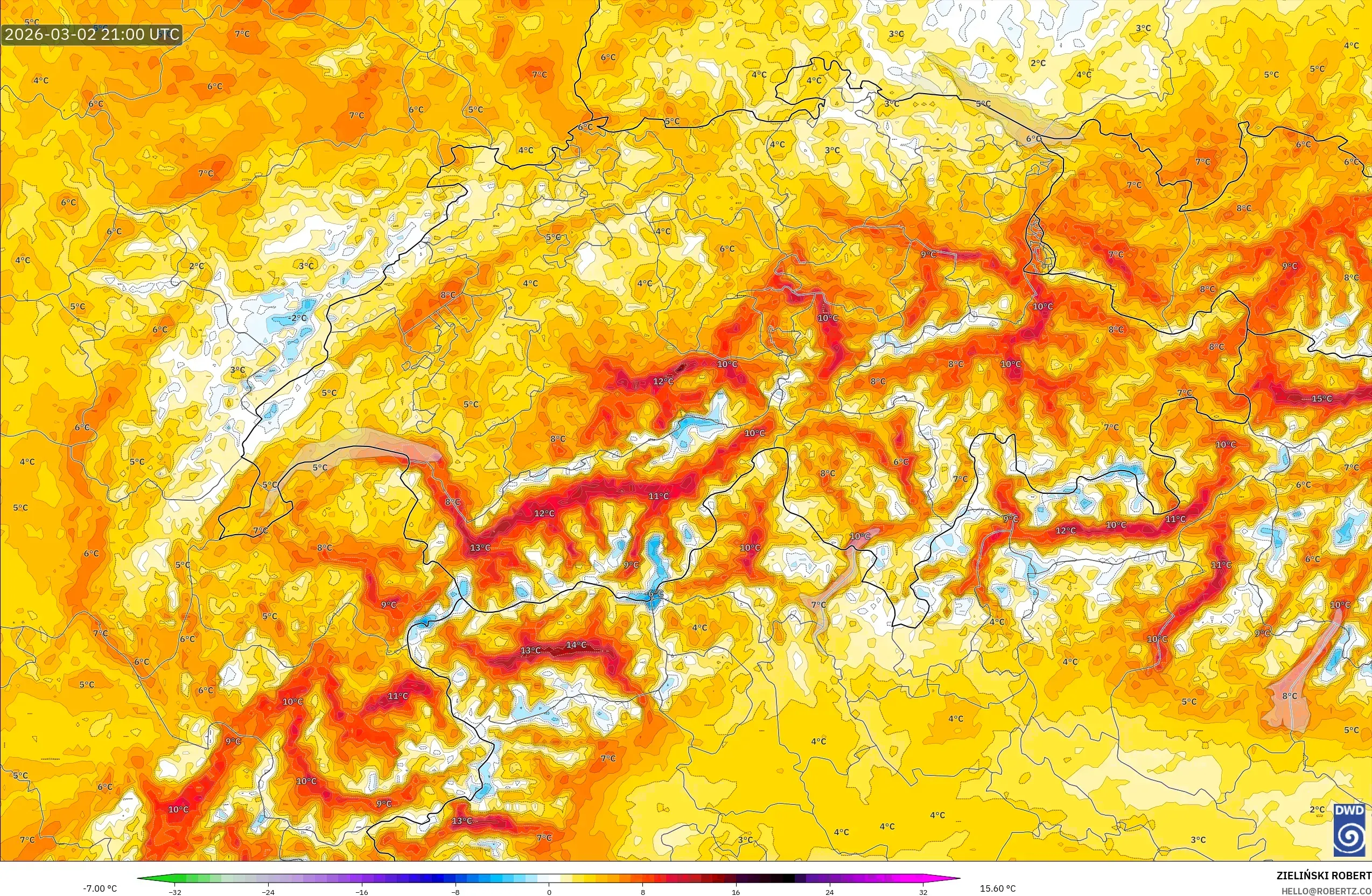 ICON Germany 2 km model - Switzerland, Temperature at 2m Anomaly