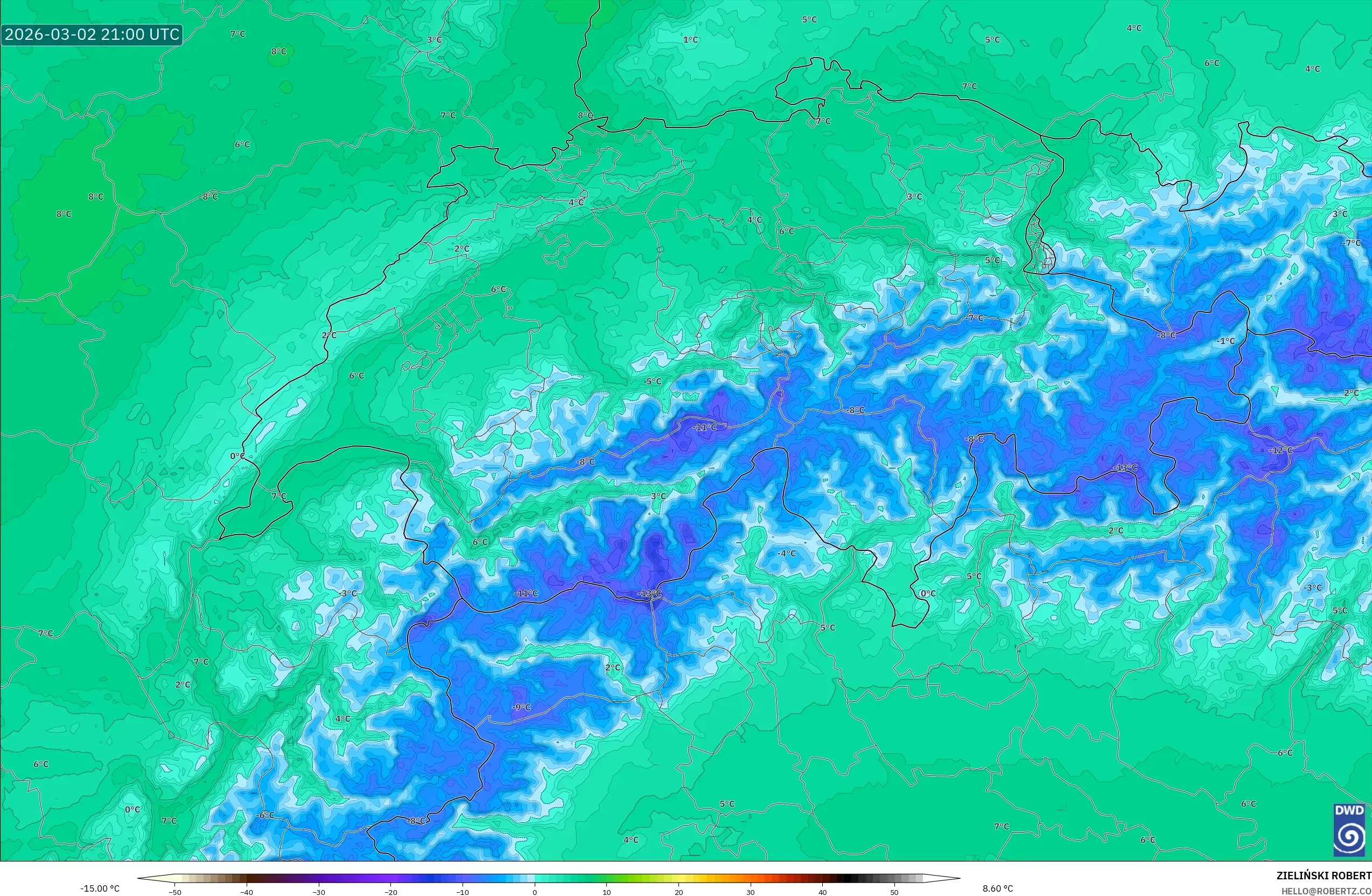 ICON Germany 2 km model - Switzerland, Temperature at 850hPa