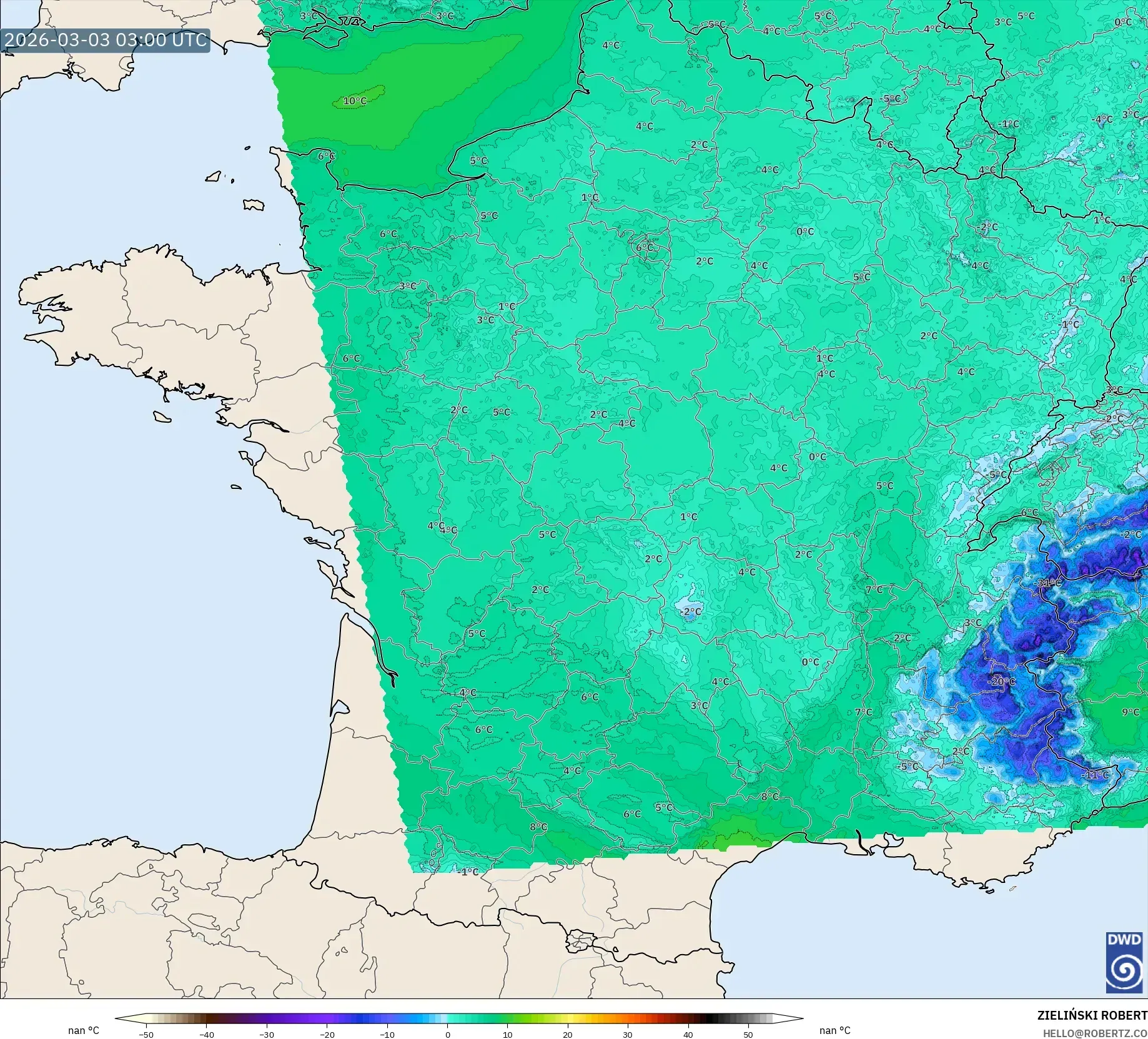ICON Germany 2 km model - France, Dewpoint at 2m