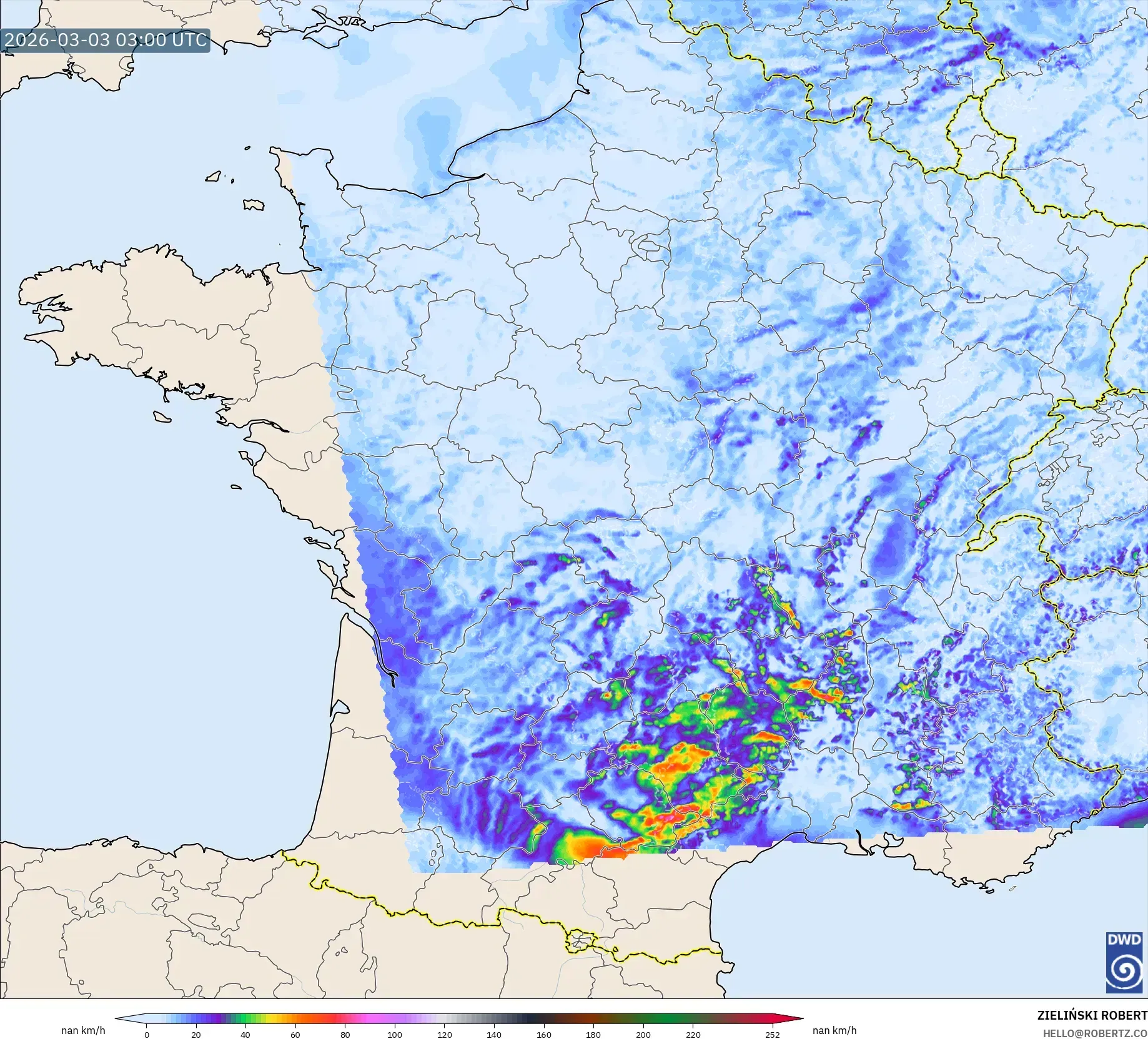 ICON Germany 2 km model - France, Wind Gusts Peak