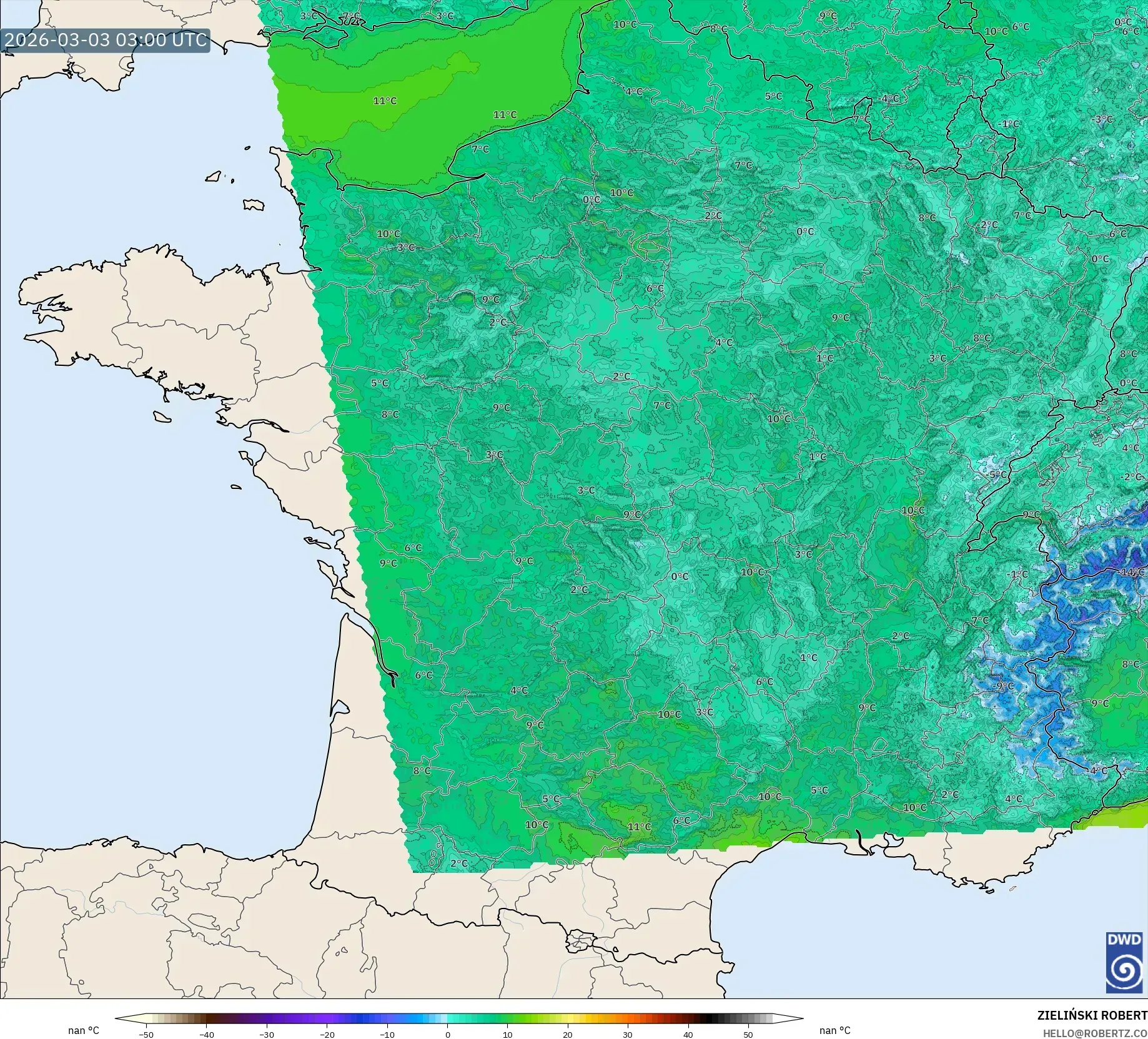 ICON Germany 2 km model - France, Temperature at 2m
