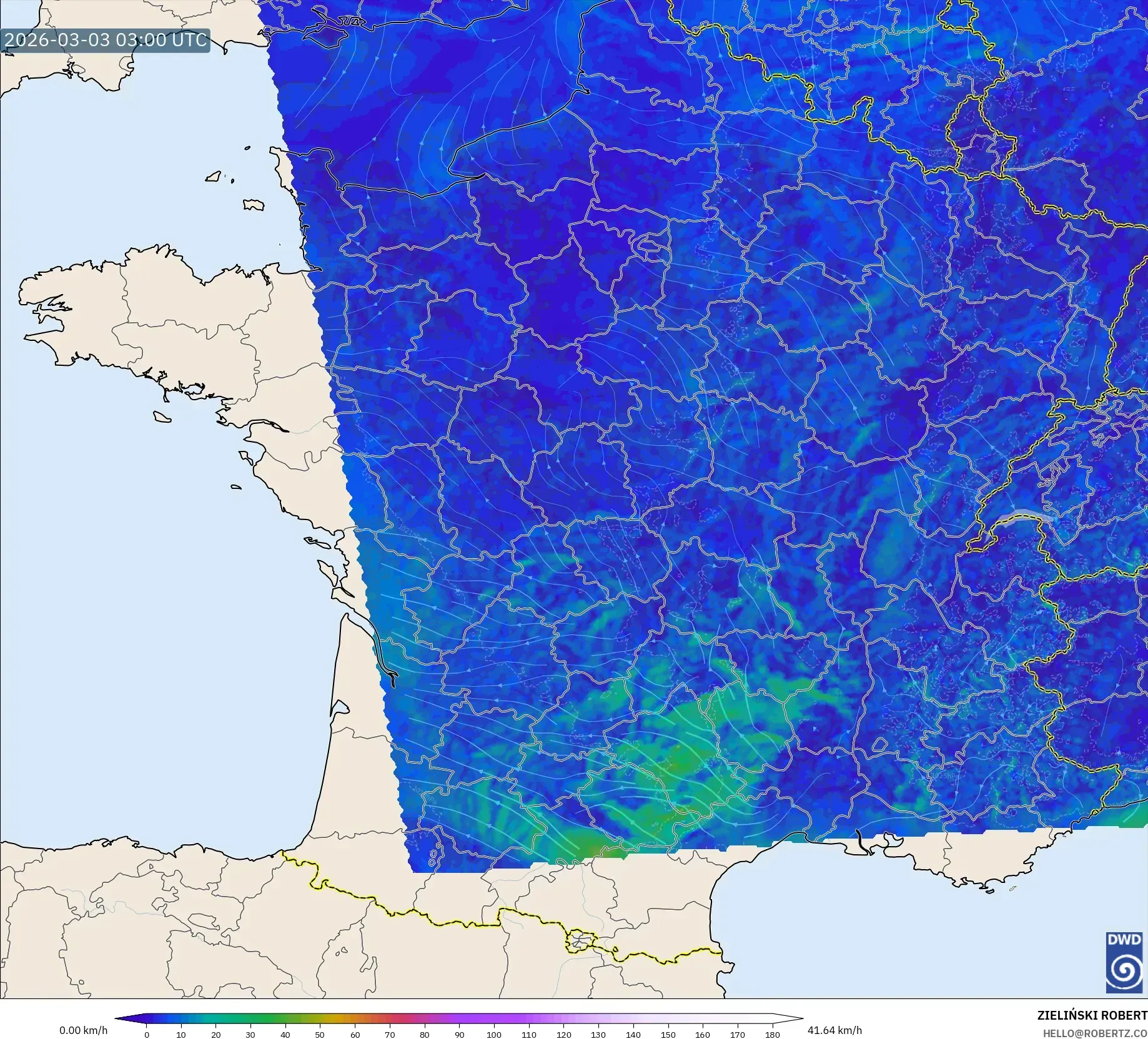 ICON Germany 2 km model - France, Wind at 10m