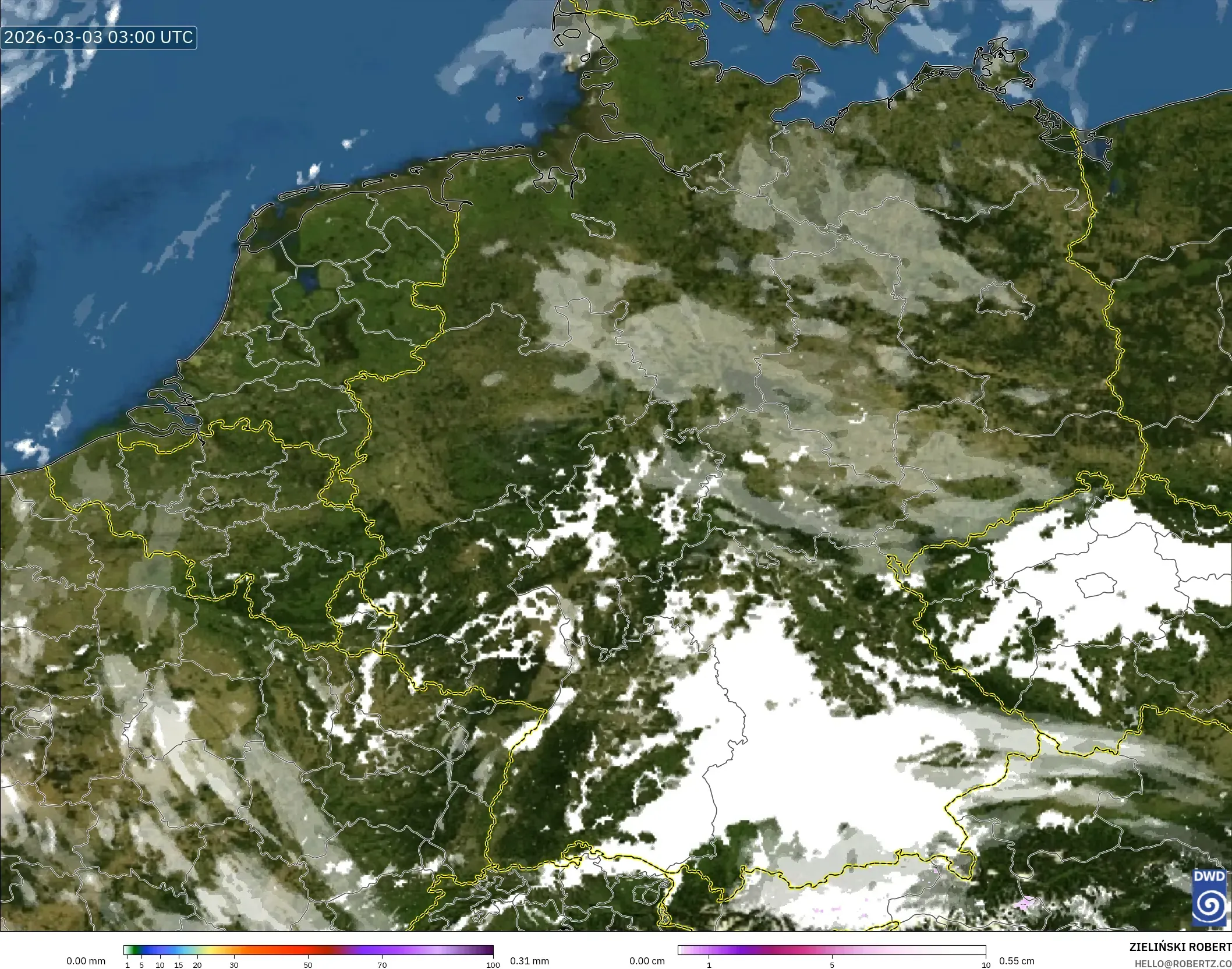 ICON Germany 2 km model - Germany, Precipitation, Clouds, and Pressure