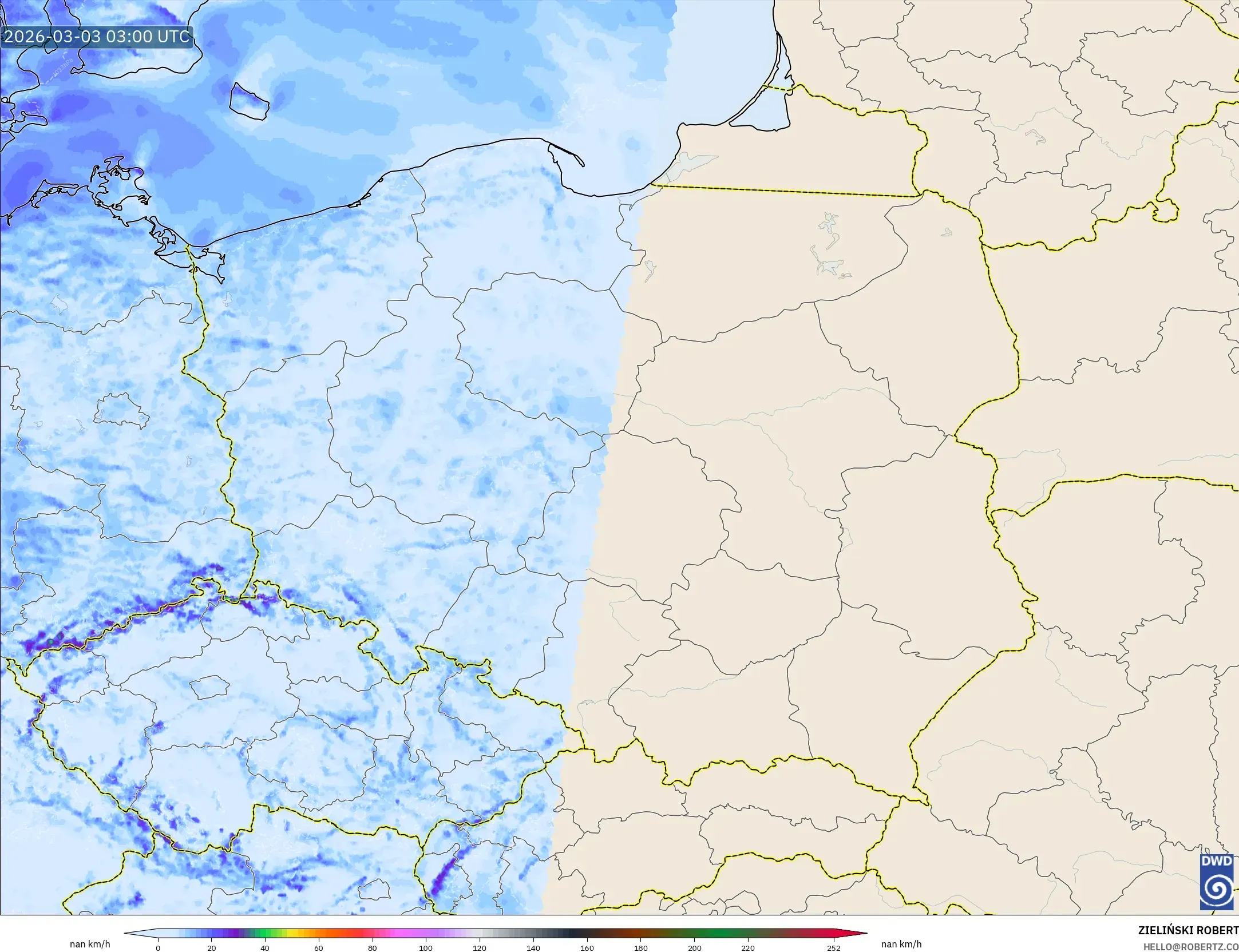 ICON Germany 2 km model - Poland, Wind Gusts Peak