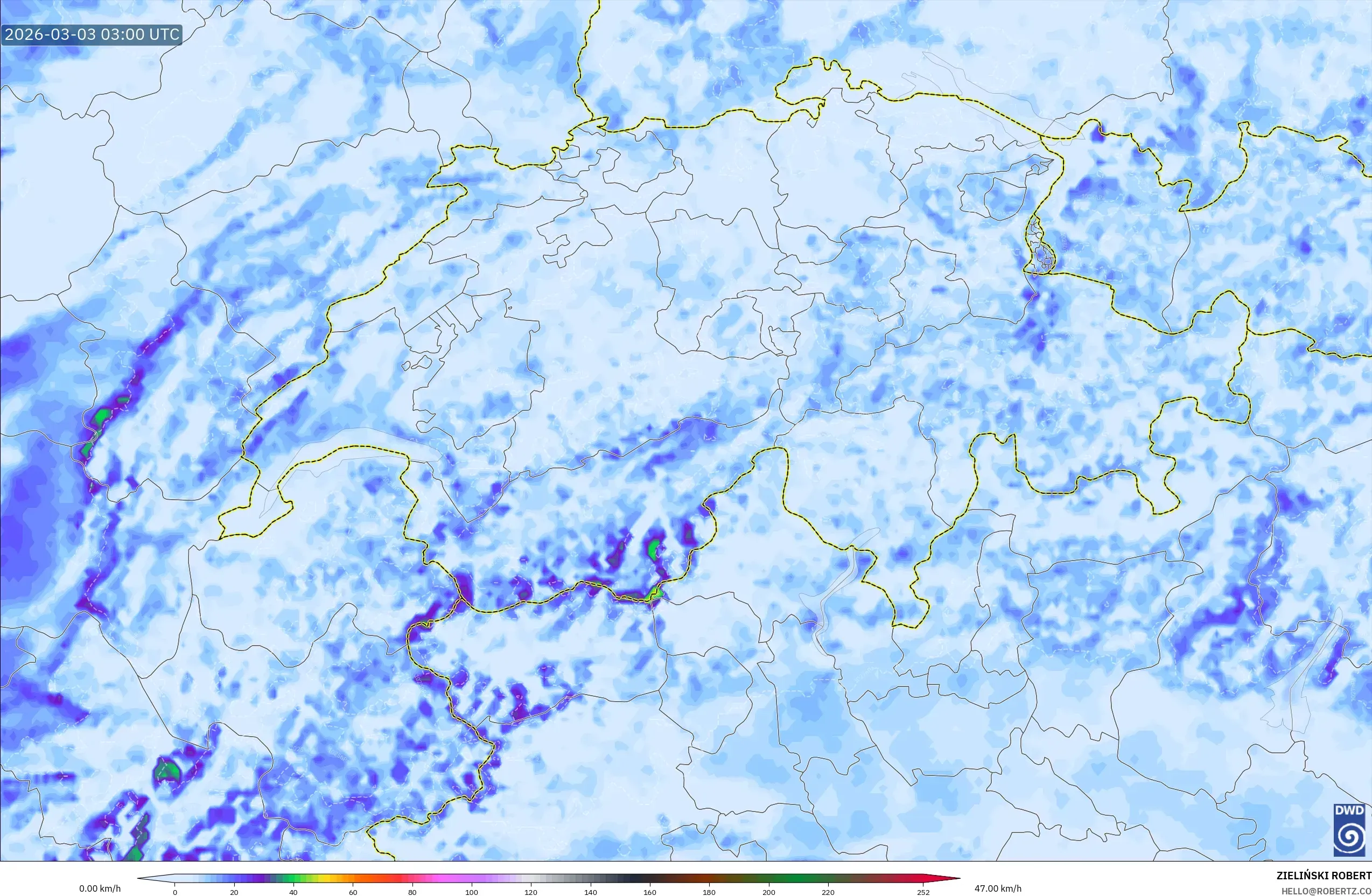 ICON Germany 2 km model - Switzerland, Wind Gusts Peak