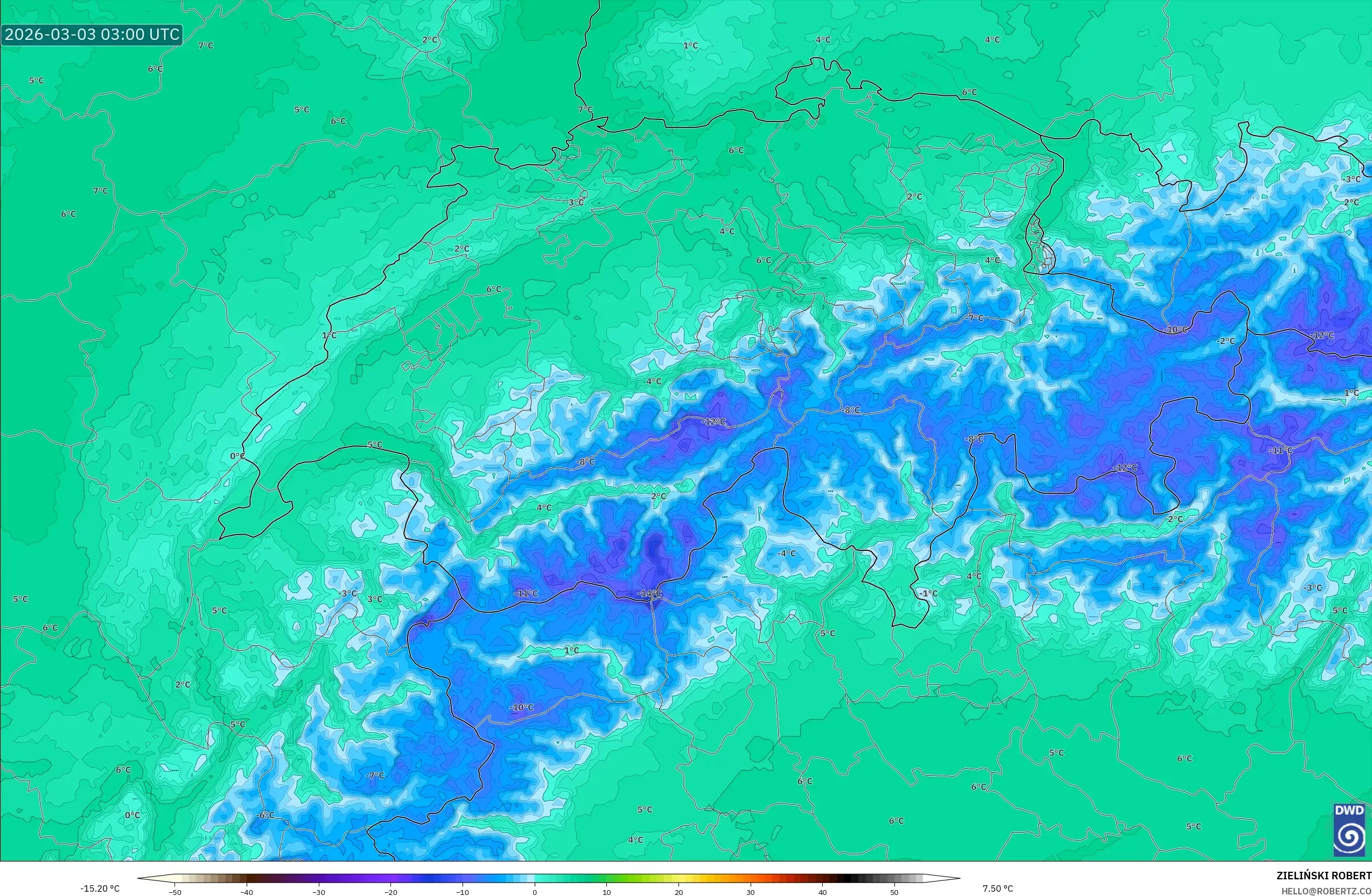 ICON Germany 2 km model - Switzerland, Temperature at 850hPa