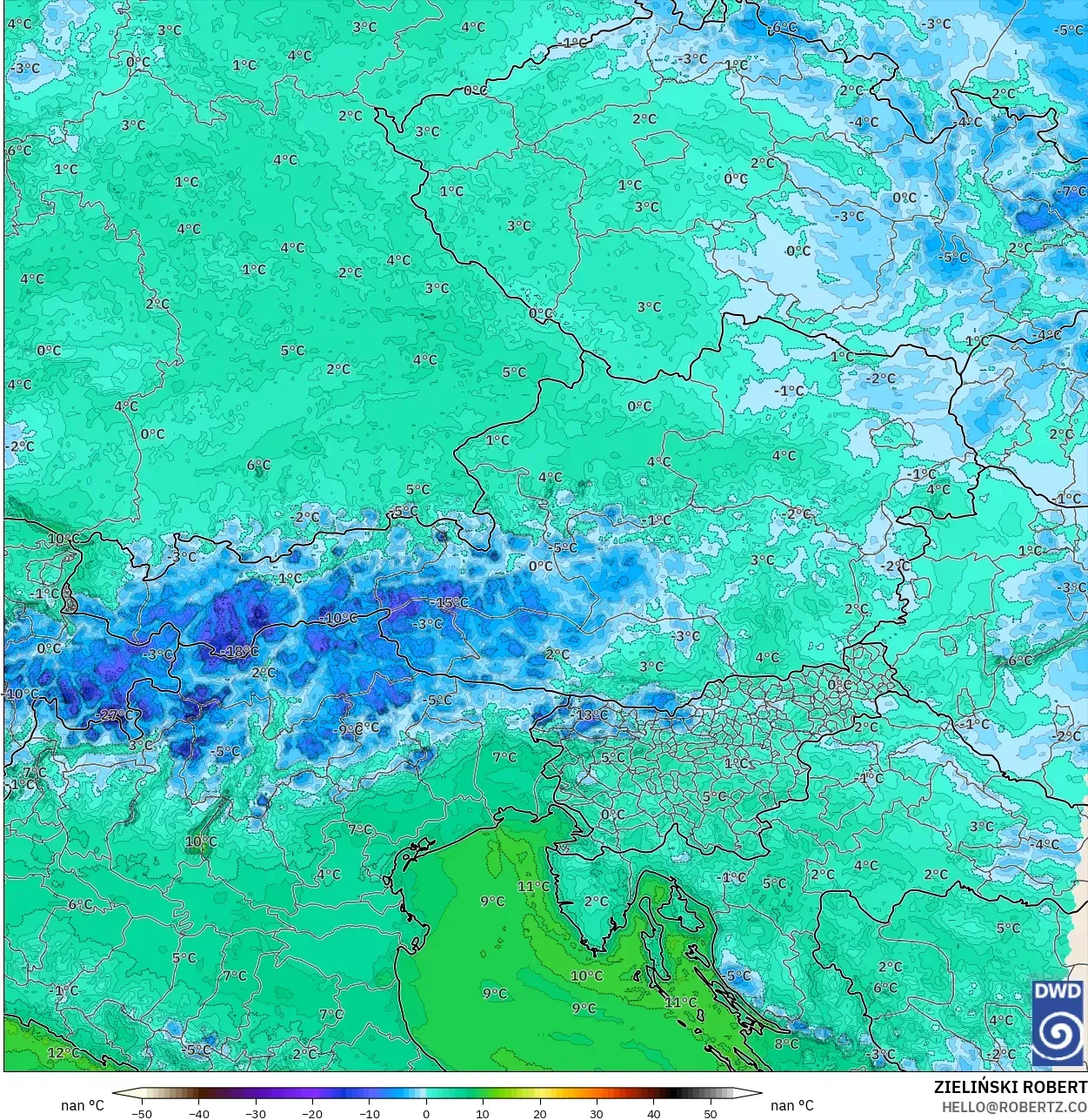 ICON Germany 2 km model - Austria, Dewpoint at 2m