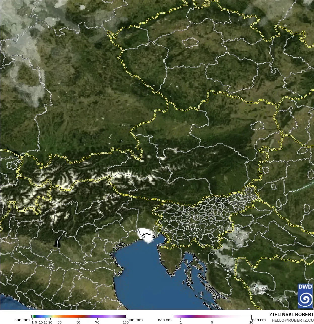 ICON Germany 2 km model - Austria, Precipitation, Clouds, and Pressure