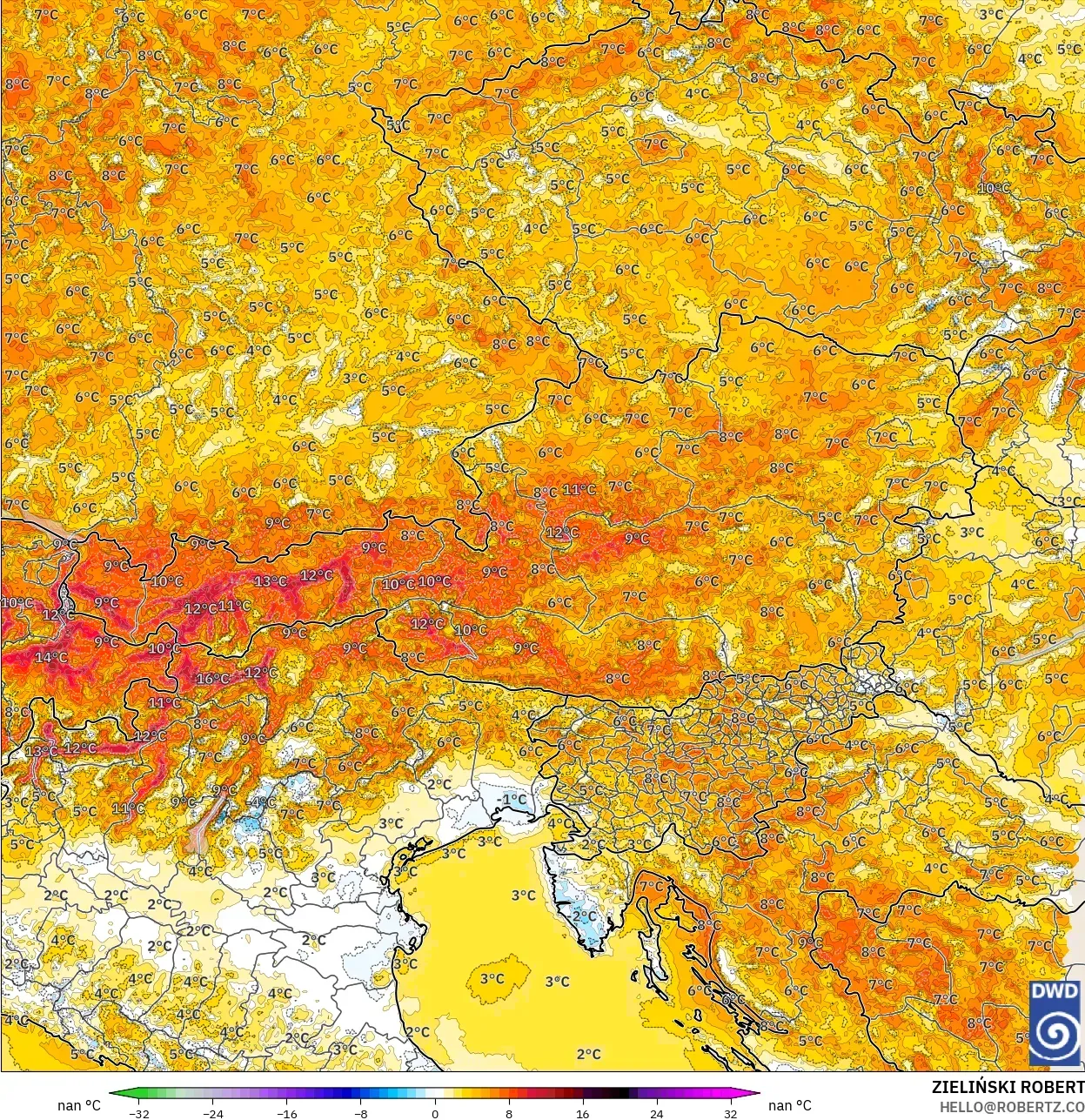 ICON Germany 2 km model - Austria, Temperature at 2m Anomaly
