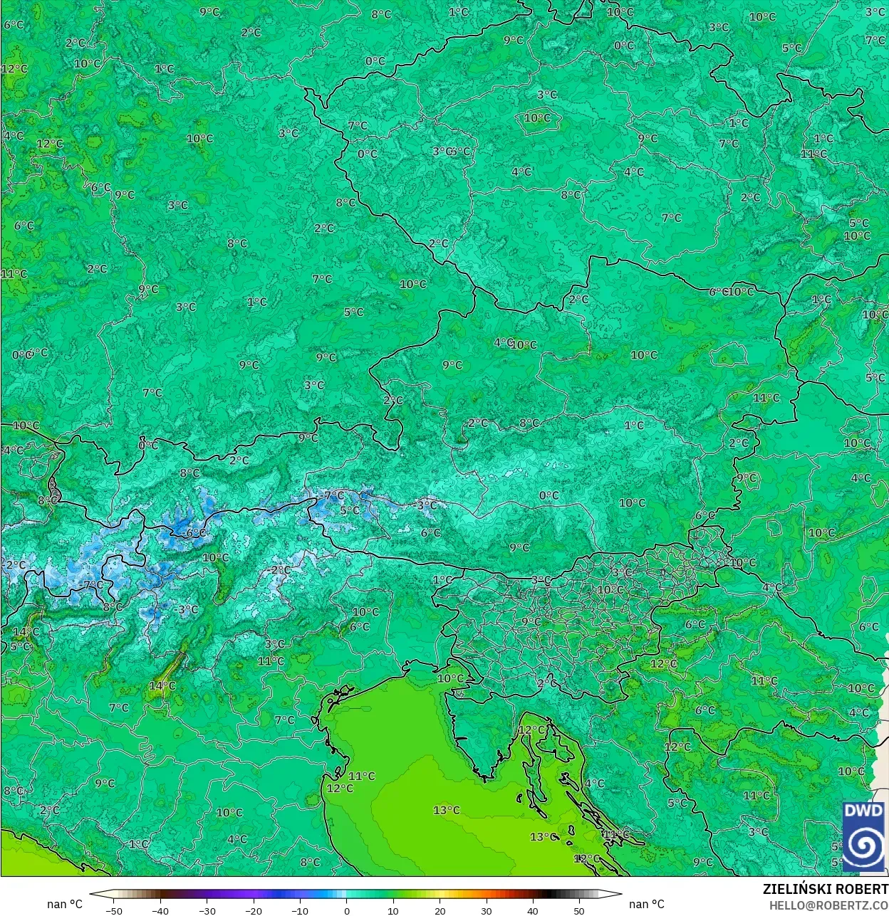 ICON Germany 2 km model - Austria, Temperature at 2m