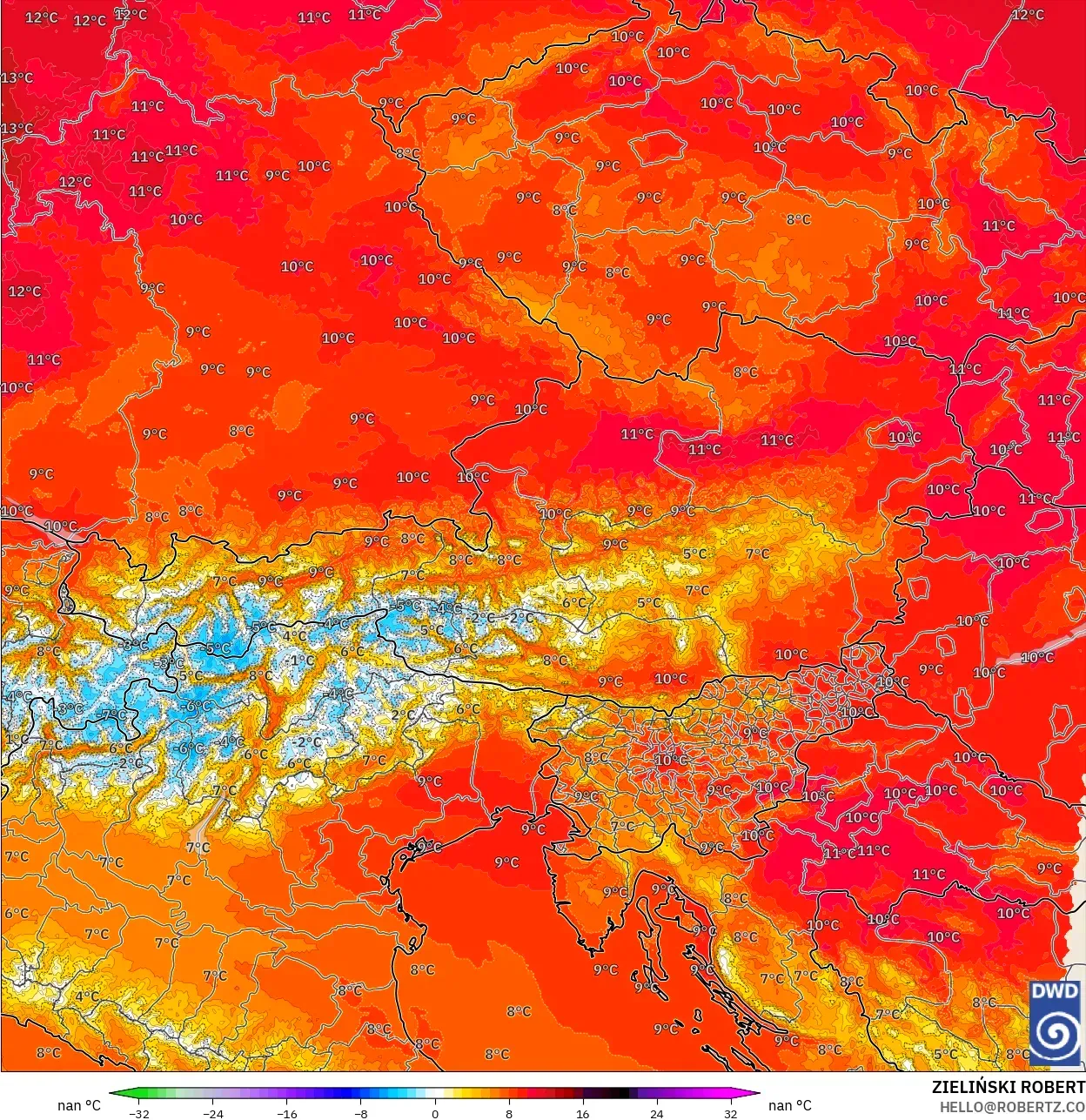 ICON Germany 2 km model - Austria, Temperature at 850hPa Anomaly