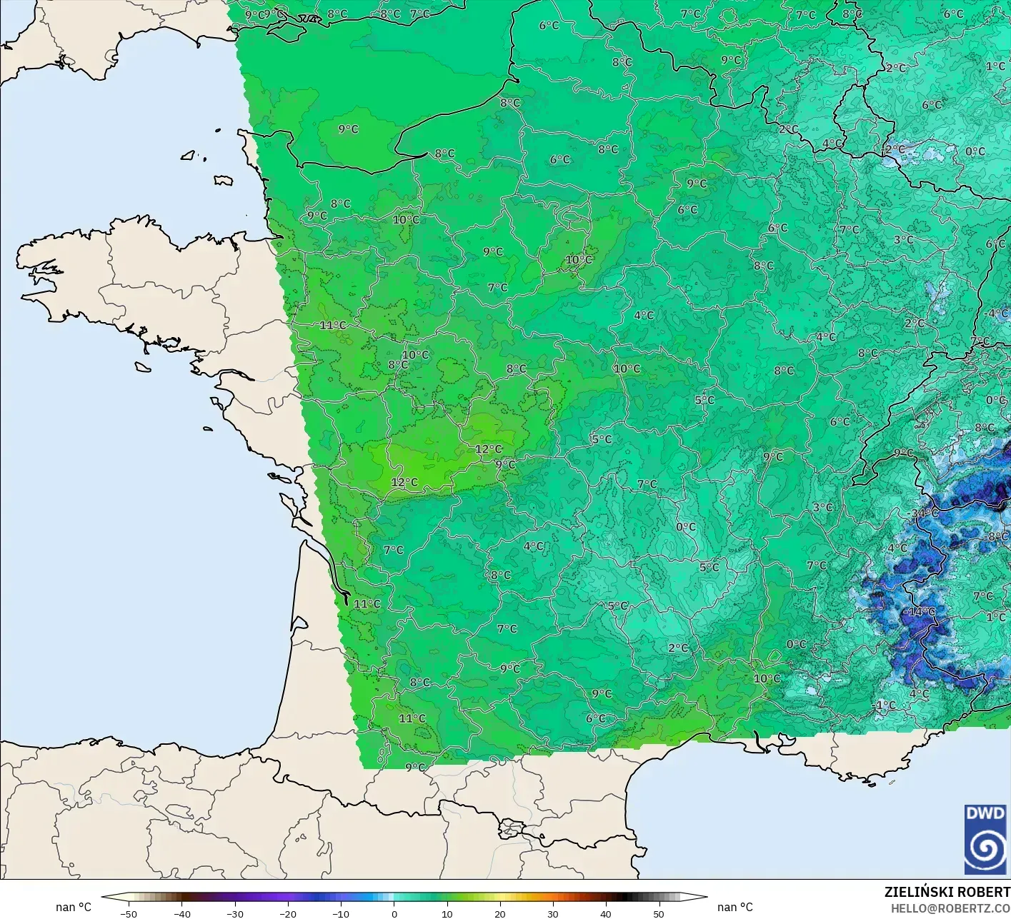 ICON Germany 2 km model - France, Dewpoint at 2m