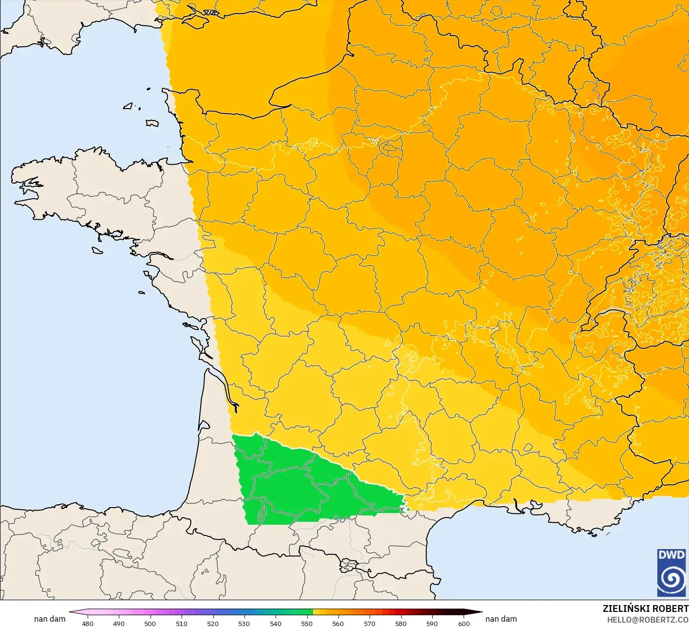 ICON Germany 2 km model - France, Geopotential height at 500hPa