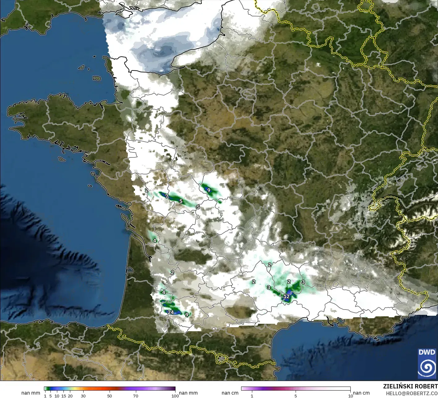 ICON Germany 2 km model - France, Precipitation, Clouds, and Pressure