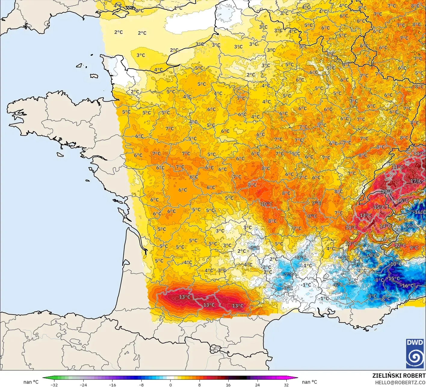 ICON Germany 2 km model - France, Temperature at 2m Anomaly