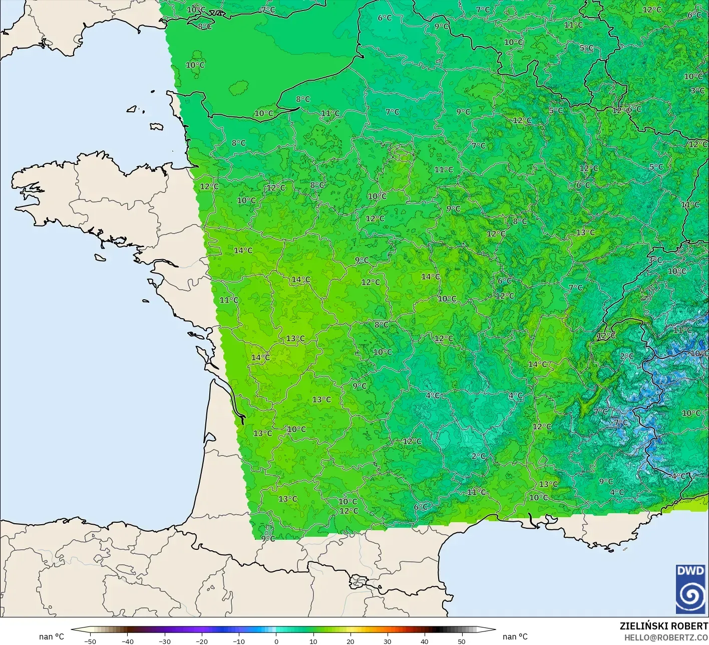 ICON Germany 2 km model - France, Temperature at 2m