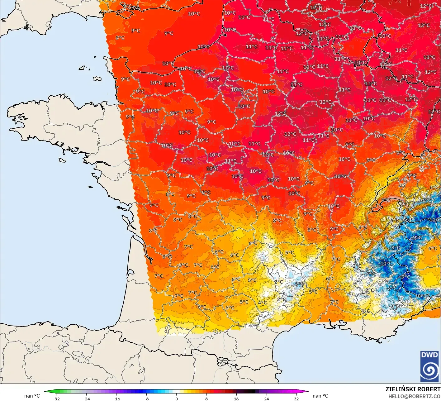 ICON Germany 2 km model - France, Temperature at 850hPa Anomaly