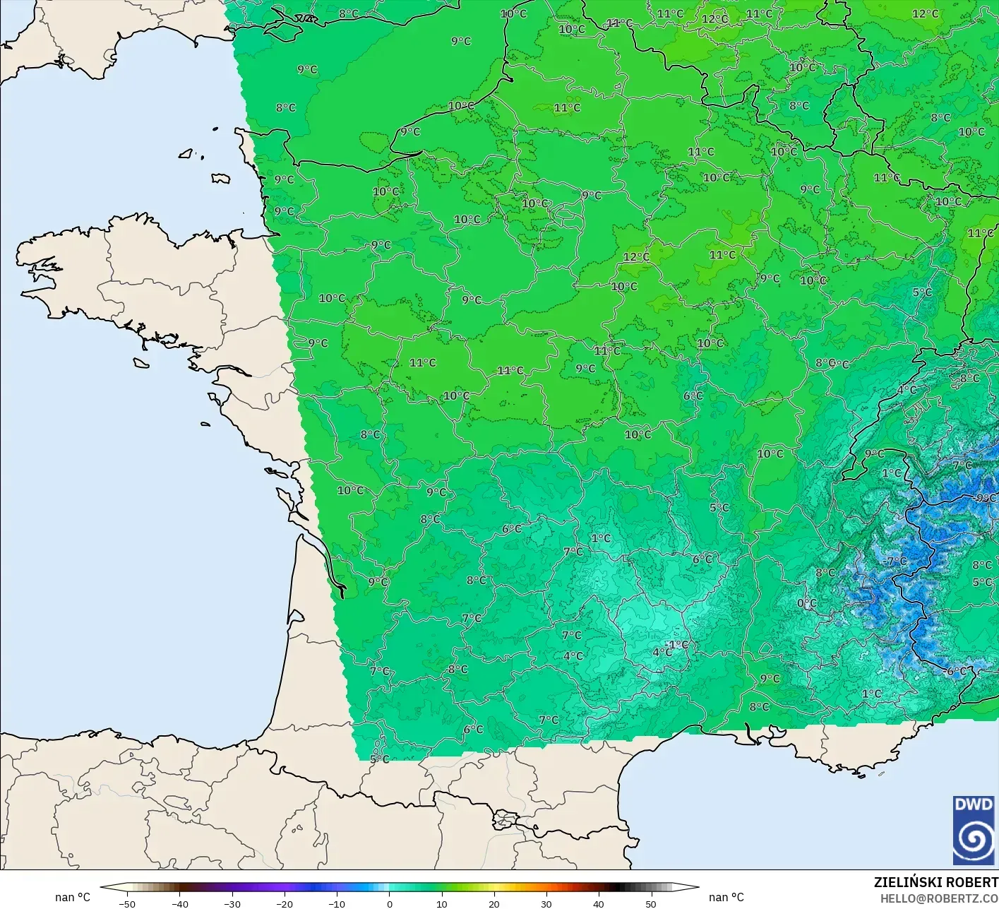 ICON Germany 2 km model - France, Temperature at 850hPa