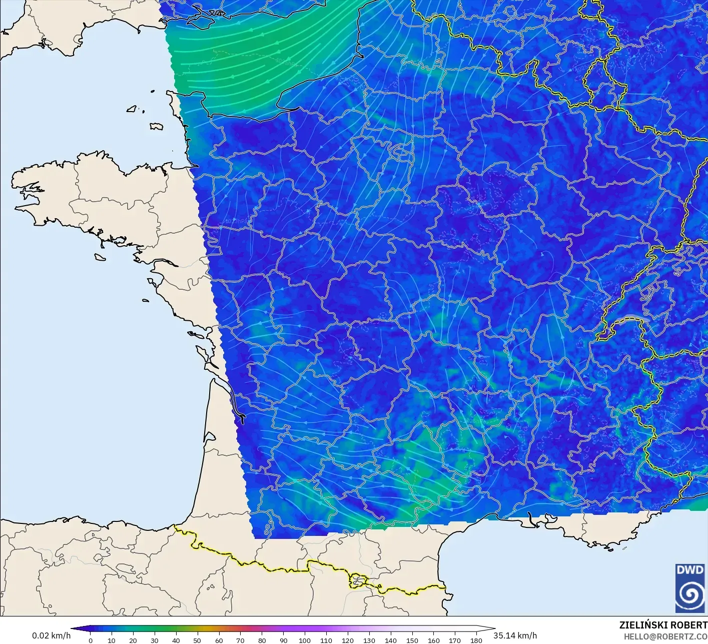 ICON Germany 2 km model - France, Wind at 10m