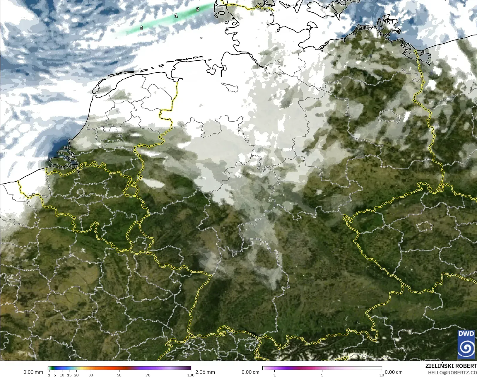 ICON Germany 2 km model - Germany, Precipitation, Clouds, and Pressure