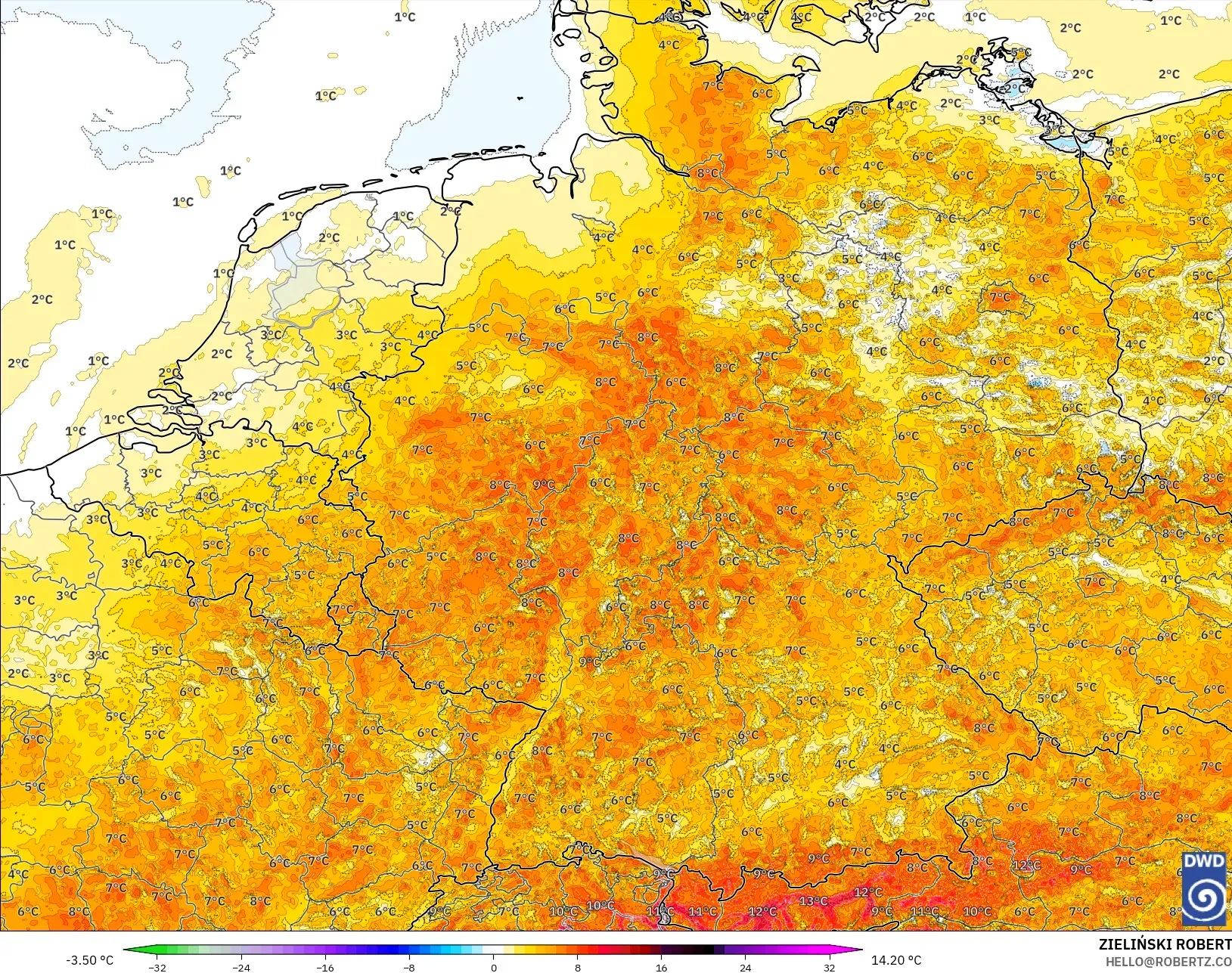 ICON Germany 2 km model - Germany, Temperature at 2m Anomaly