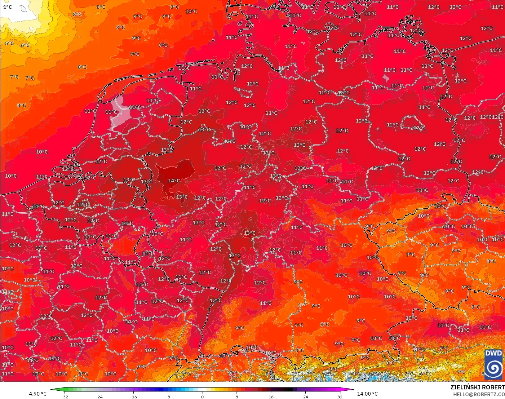ICON Germany 2 km model - Germany, Temperature at 850hPa Anomaly
