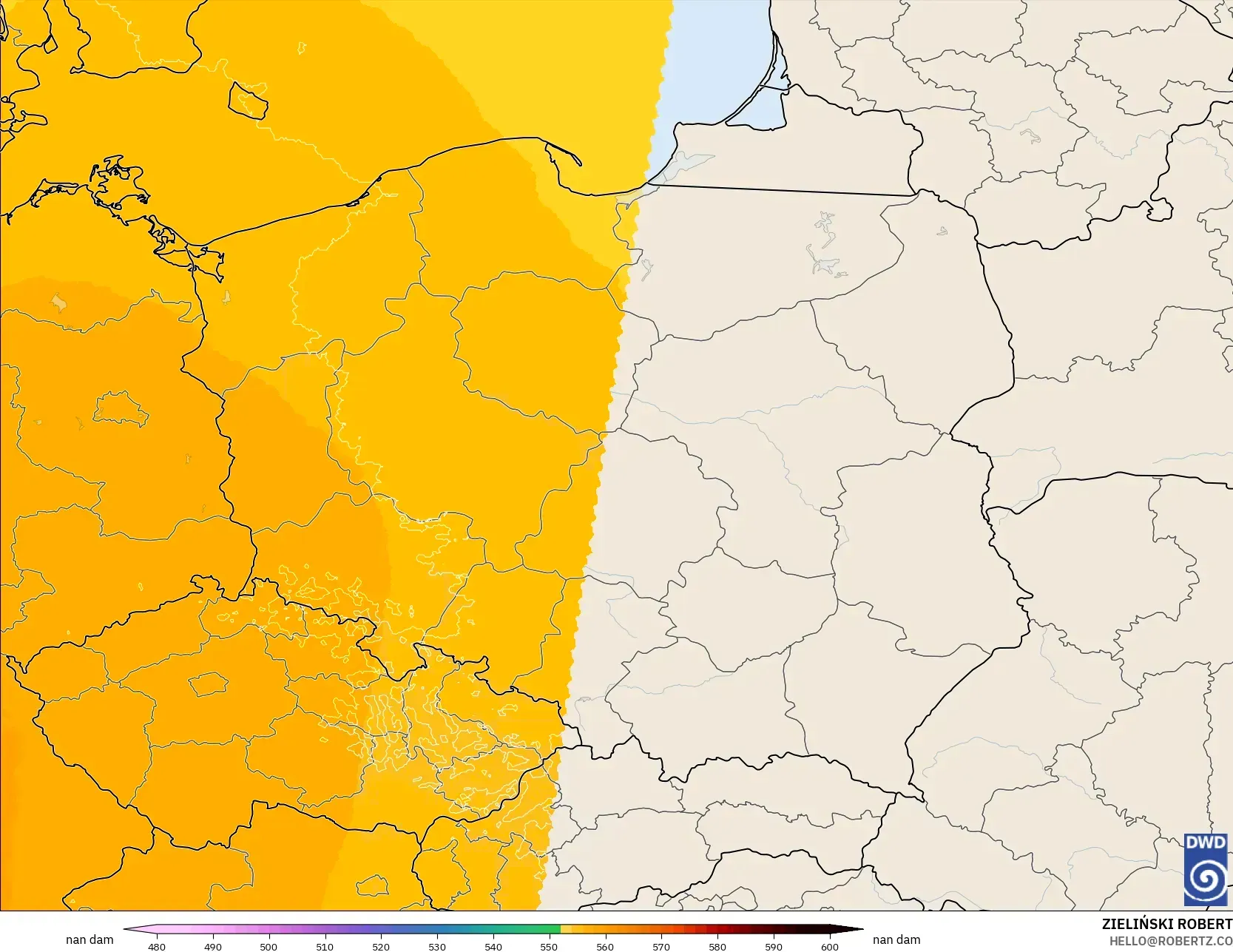 ICON Germany 2 km model - Poland, Geopotential height at 500hPa