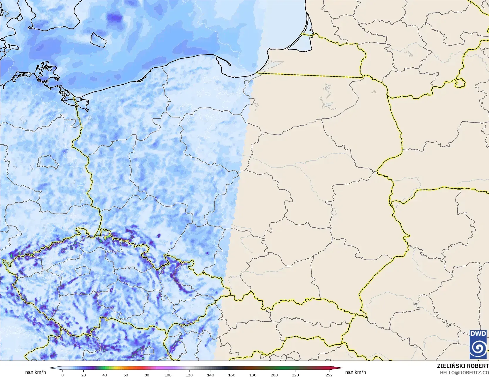ICON Germany 2 km model - Poland, Wind Gusts Peak