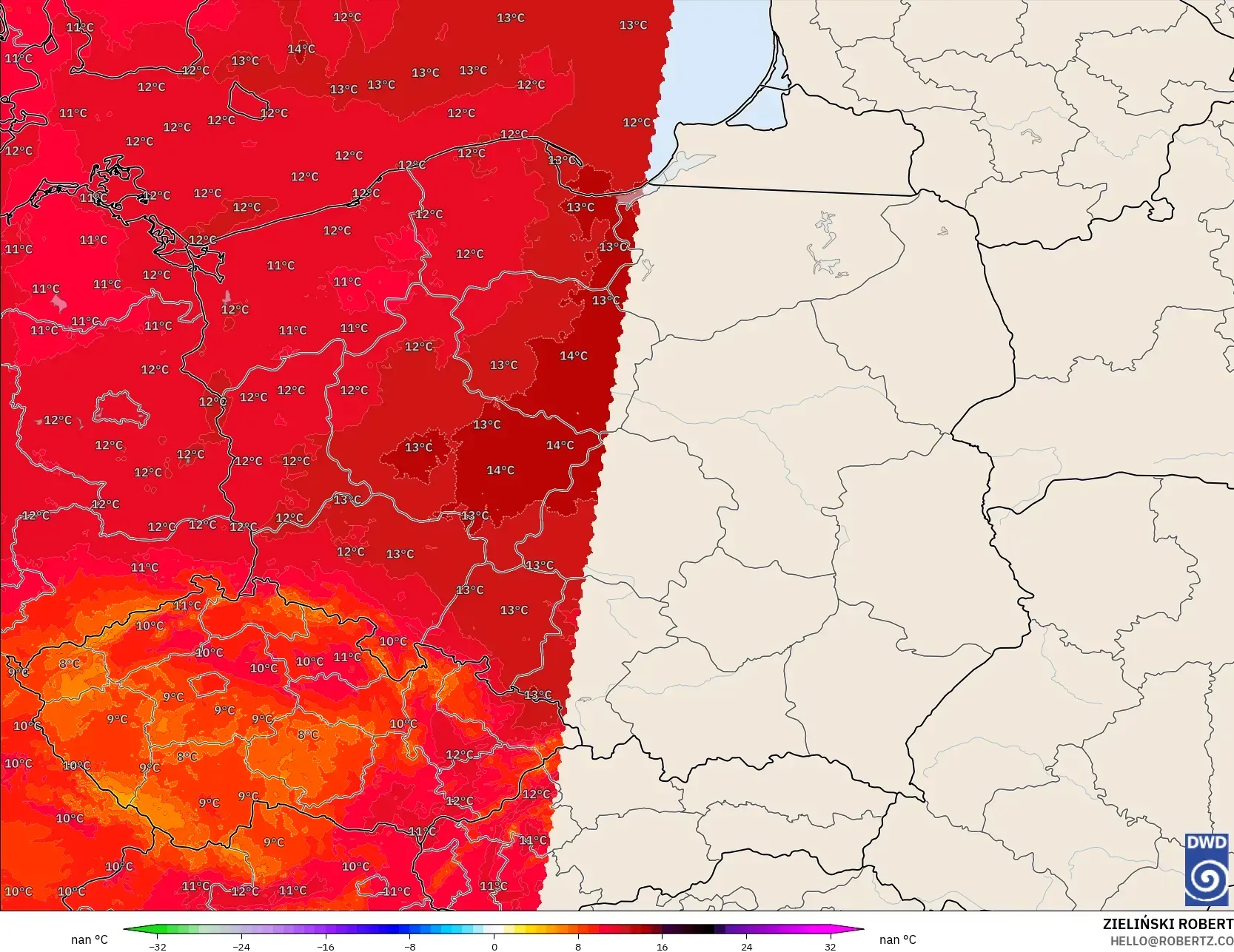 ICON Germany 2 km model - Poland, Temperature at 850hPa Anomaly