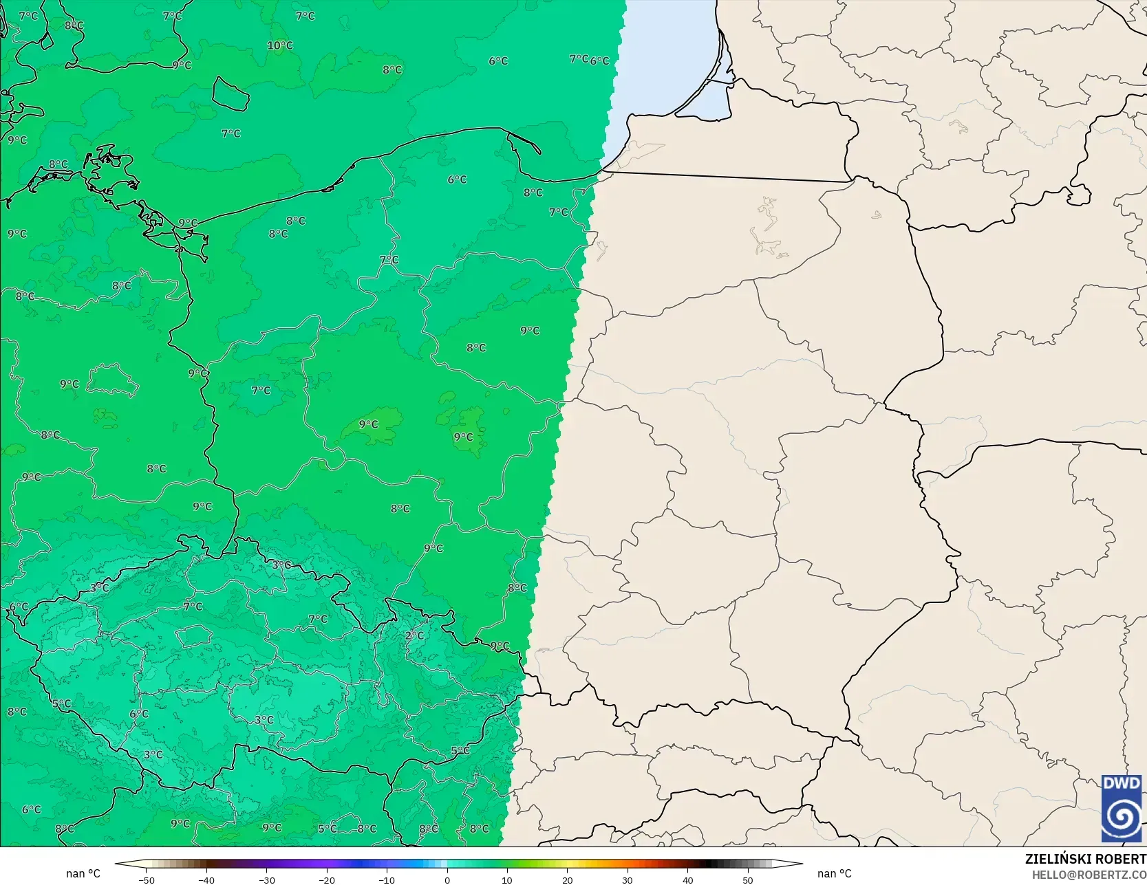 ICON Germany 2 km model - Poland, Temperature at 850hPa