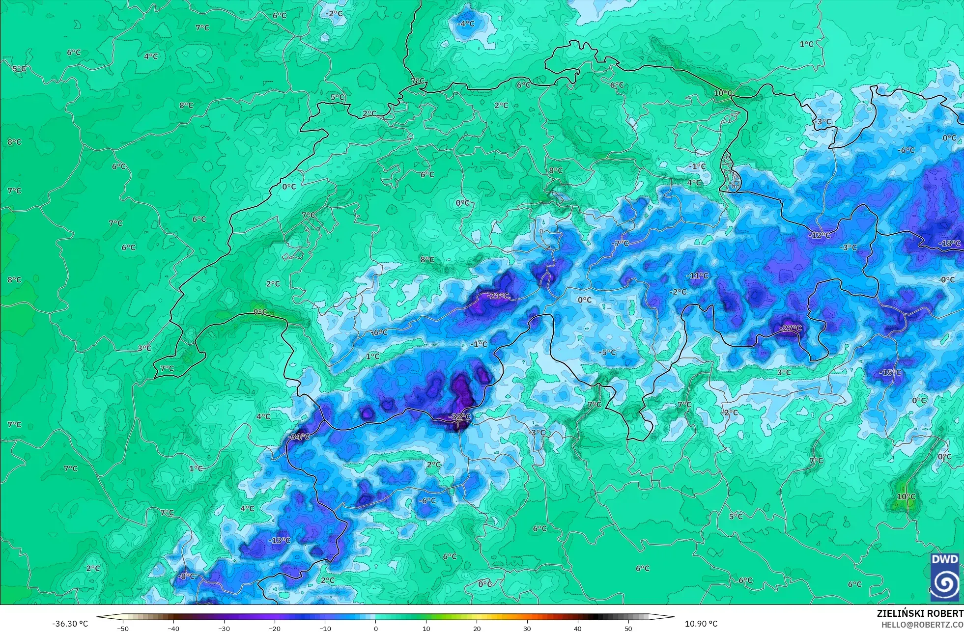 ICON Germany 2 km model - Switzerland, Dewpoint at 2m