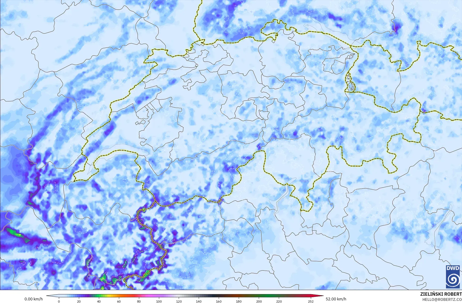 ICON Germany 2 km model - Switzerland, Wind Gusts Peak