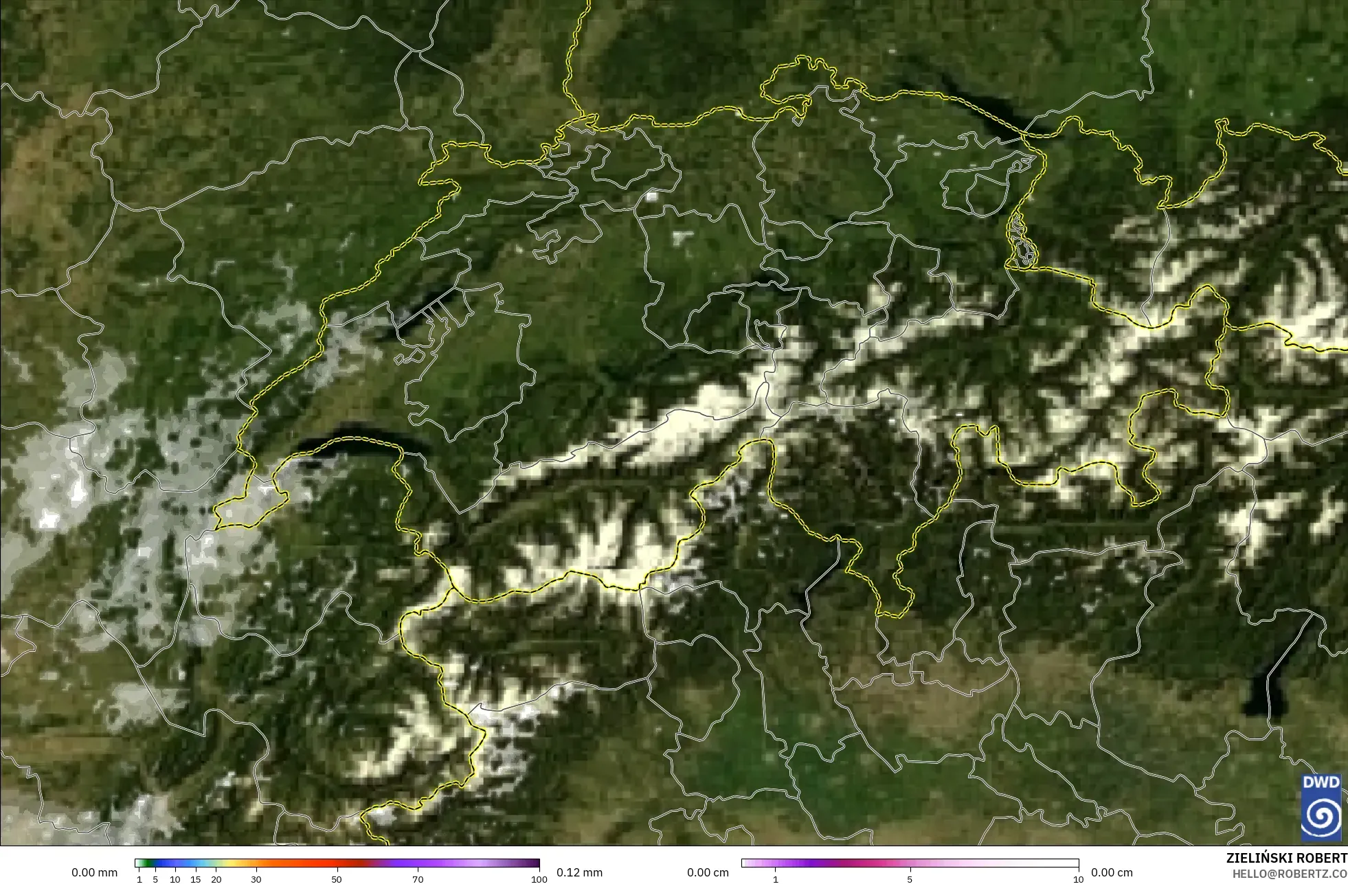ICON Germany 2 km model - Switzerland, Precipitation, Clouds, and Pressure