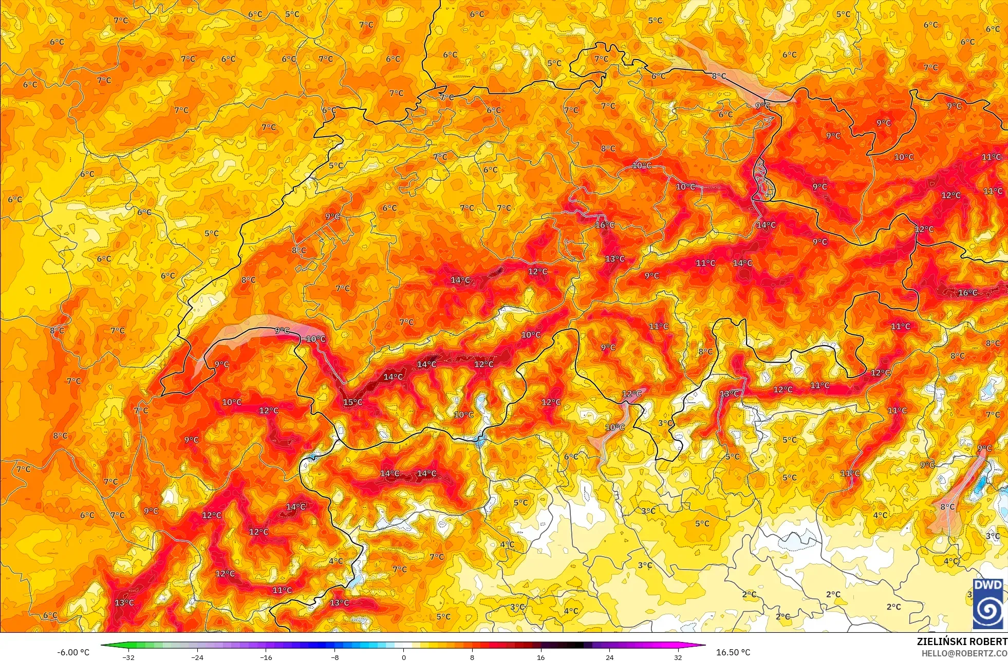 ICON Germany 2 km model - Switzerland, Temperature at 2m Anomaly
