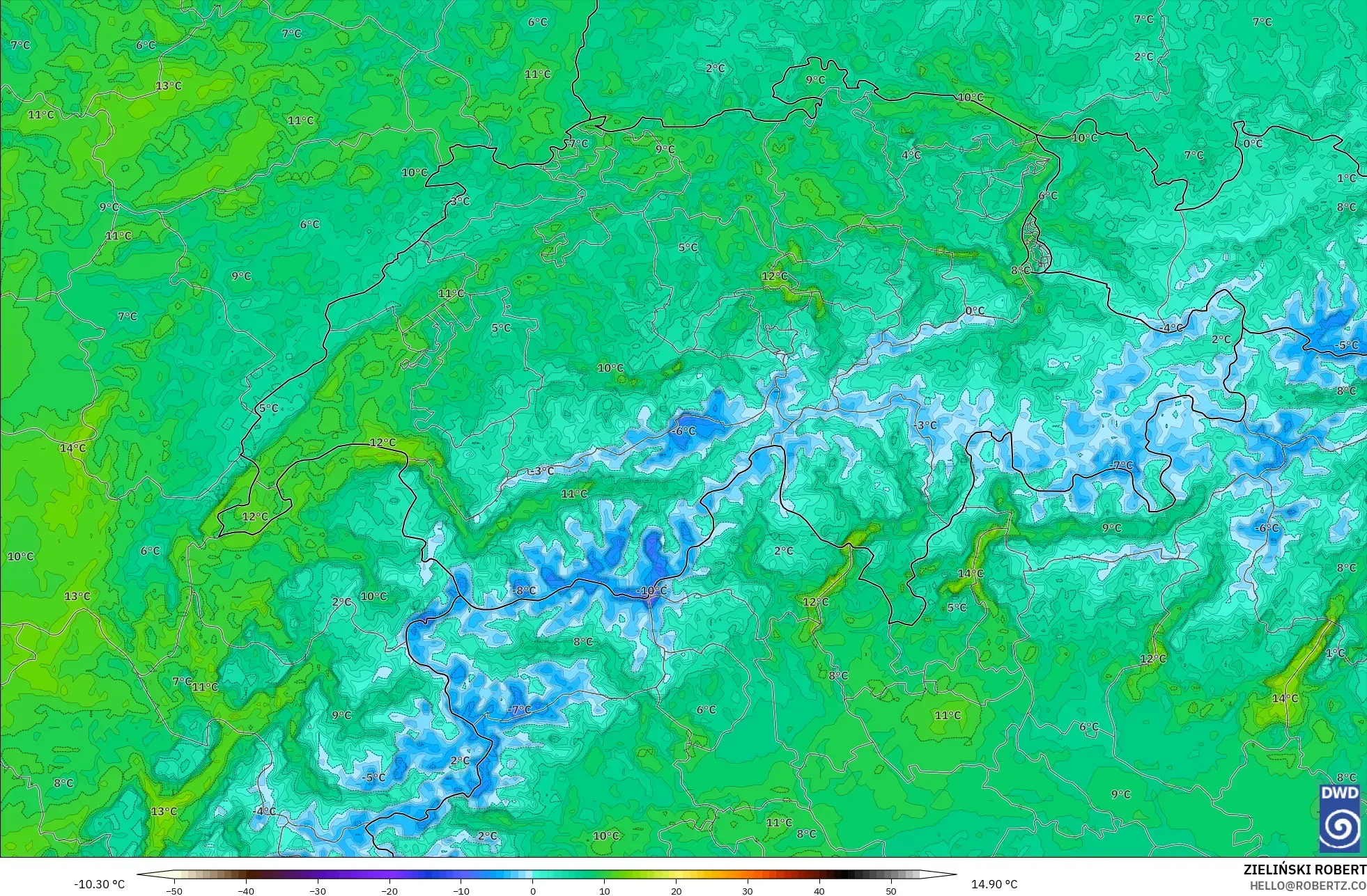 ICON Germany 2 km model - Switzerland, Temperature at 2m
