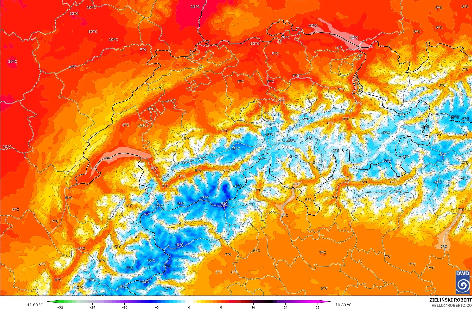 ICON Germany 2 km model - Switzerland, Temperature at 850hPa Anomaly