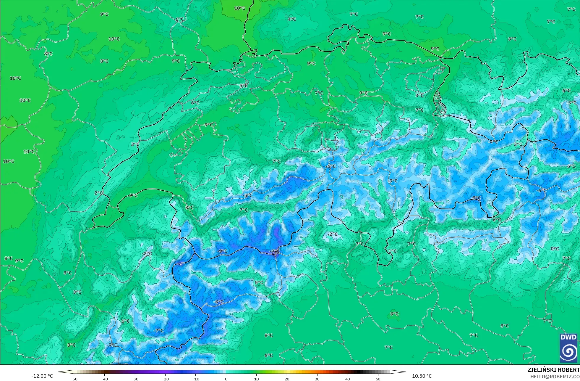 ICON Germany 2 km model - Switzerland, Temperature at 850hPa